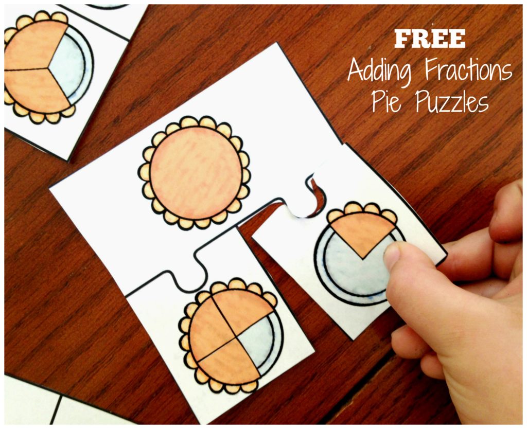 Adding fractions game with pictures of pies made into fractions. 