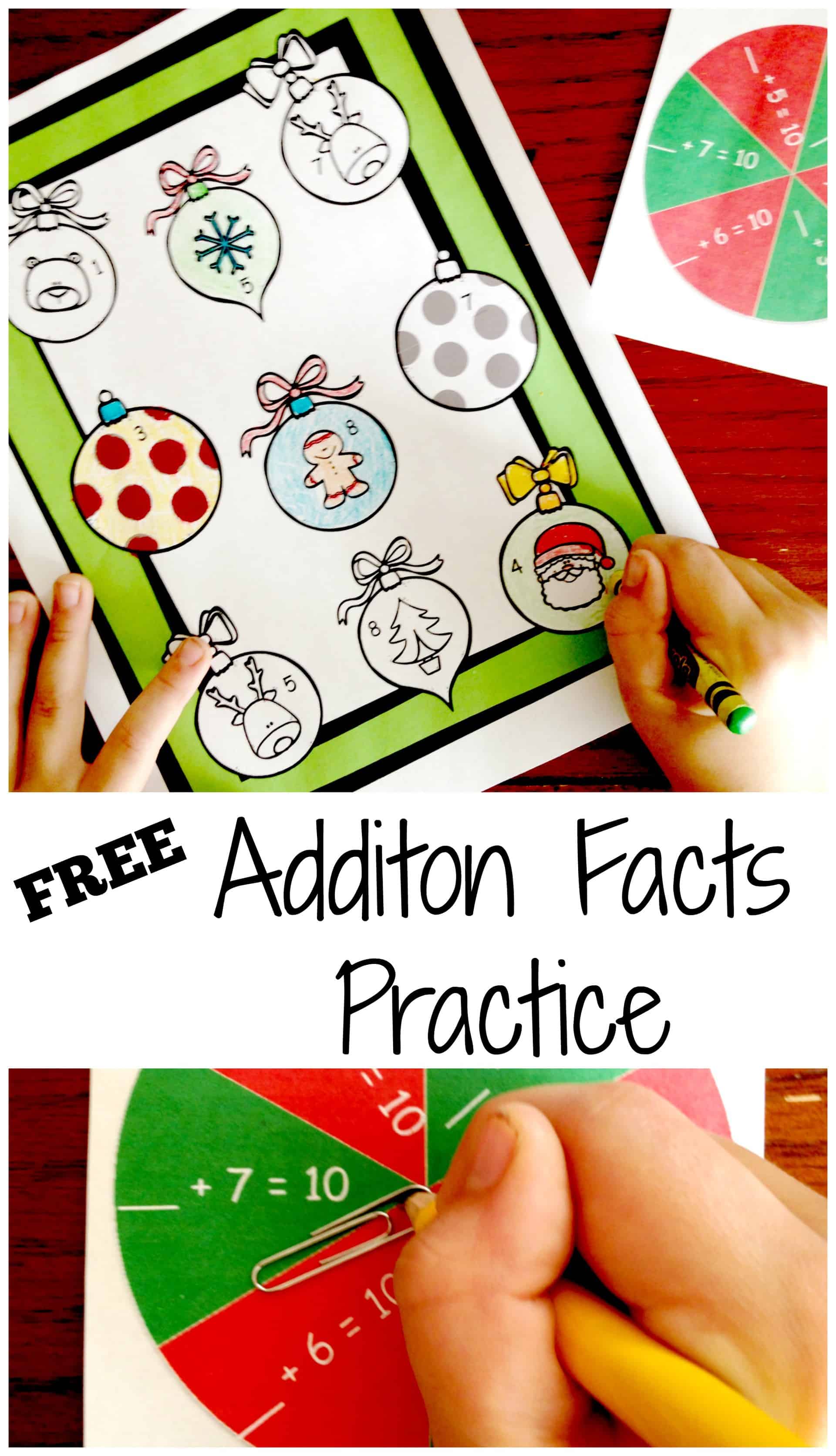 Christmas addition facts game with a child's hand coloring an ornament. 