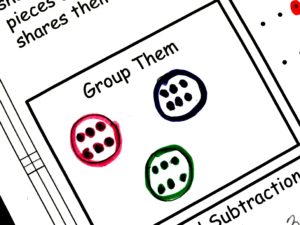 Division word problems worksheet with dots in a circle in different colors.