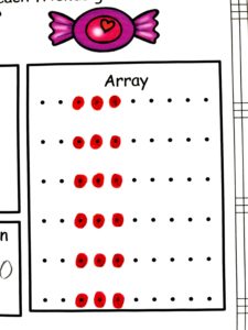 Division word problems worksheet with arrays colored in red. 