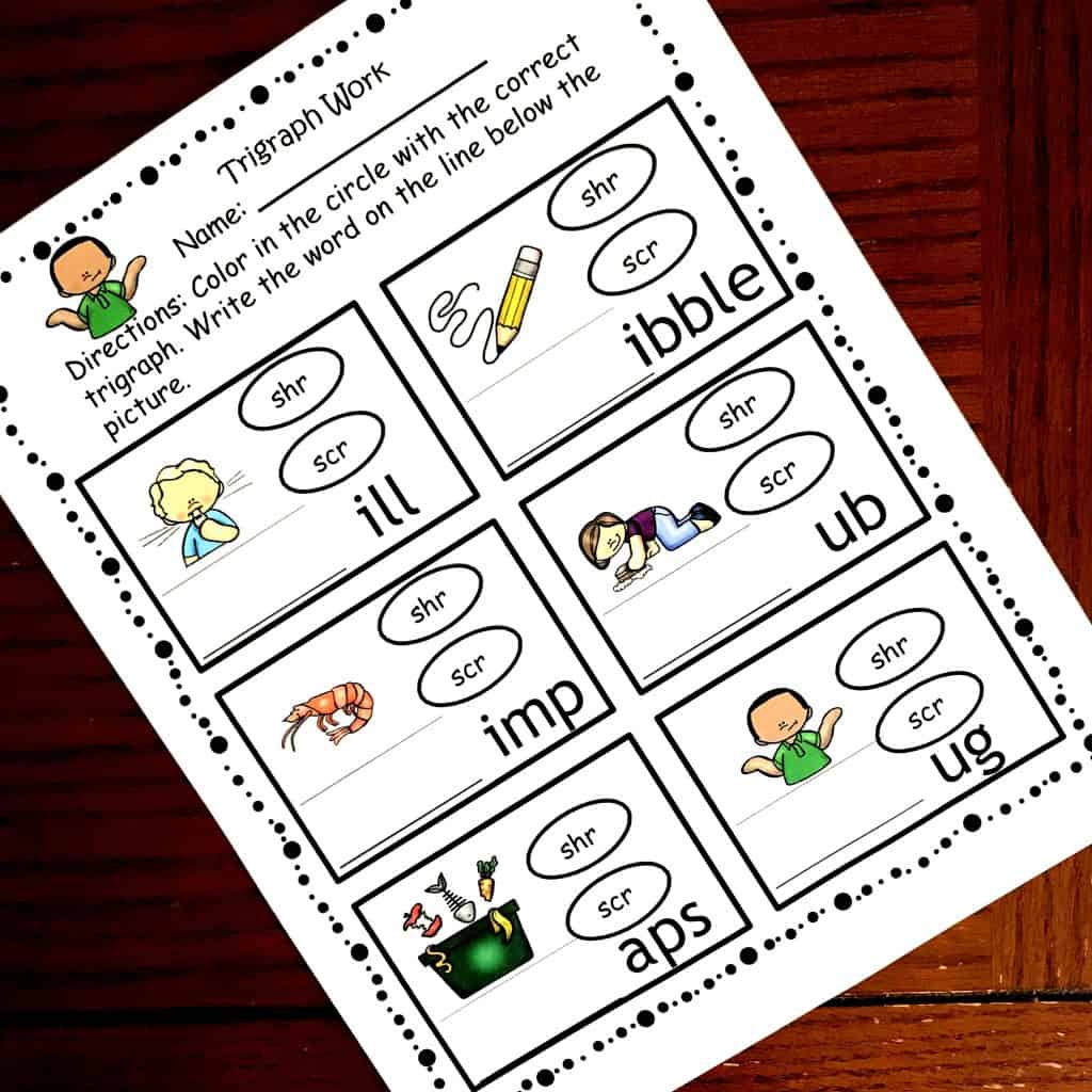 Trigraph activity worksheets to practice learning trigraphs. An activity sheet with words and pictures. 