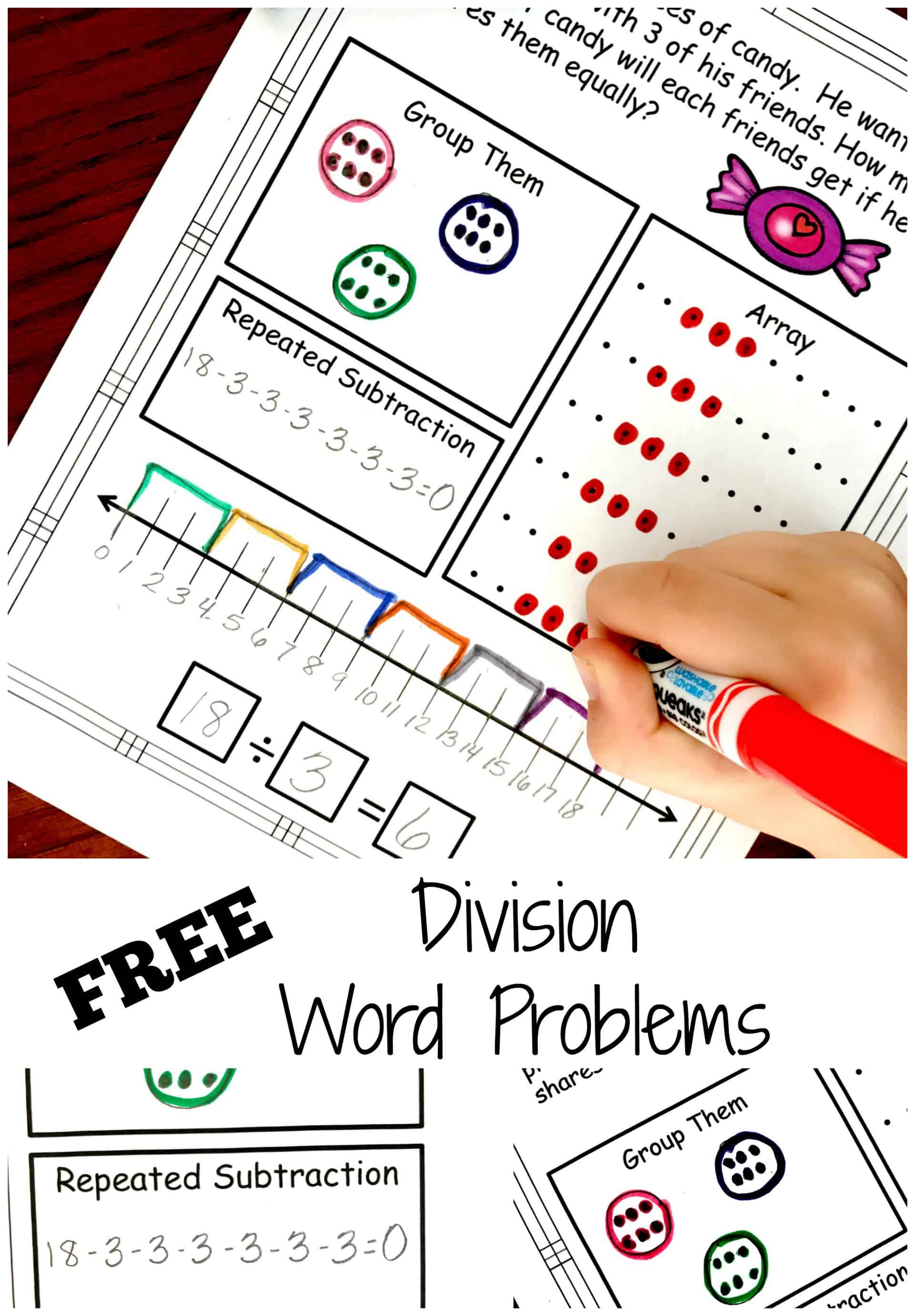 Division word problems worksheet with a child's hand coloring in an array. 