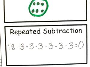 Division word problems worksheet with a repeated subtraction equation. 