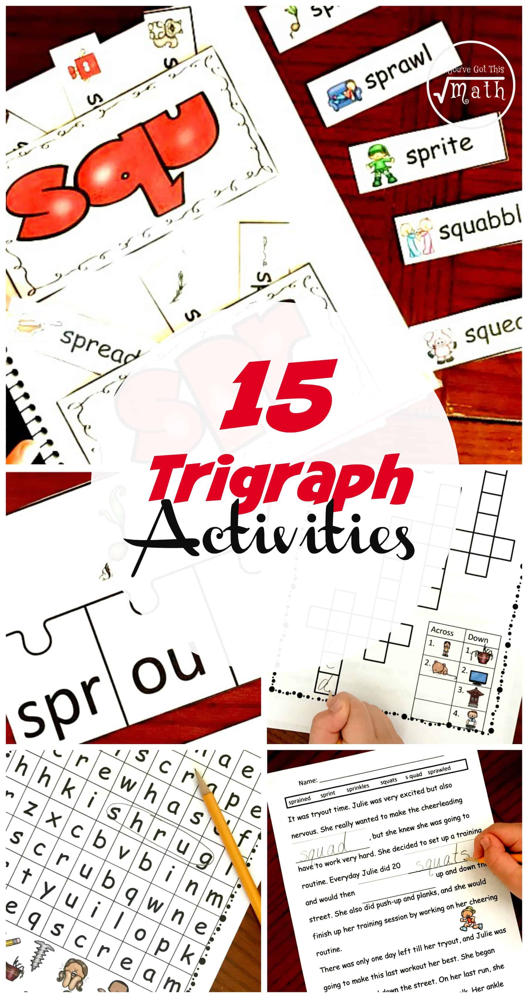 Trigraph activity worksheets to practice learning trigraphs. An activity sheet with words and pictures cut out. 