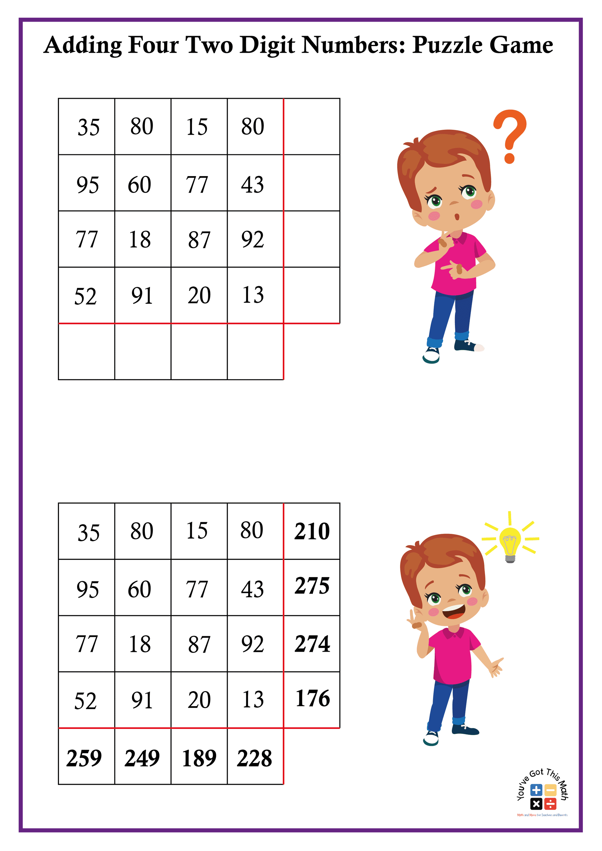 1- Adding four two digit numbers: puzzle game