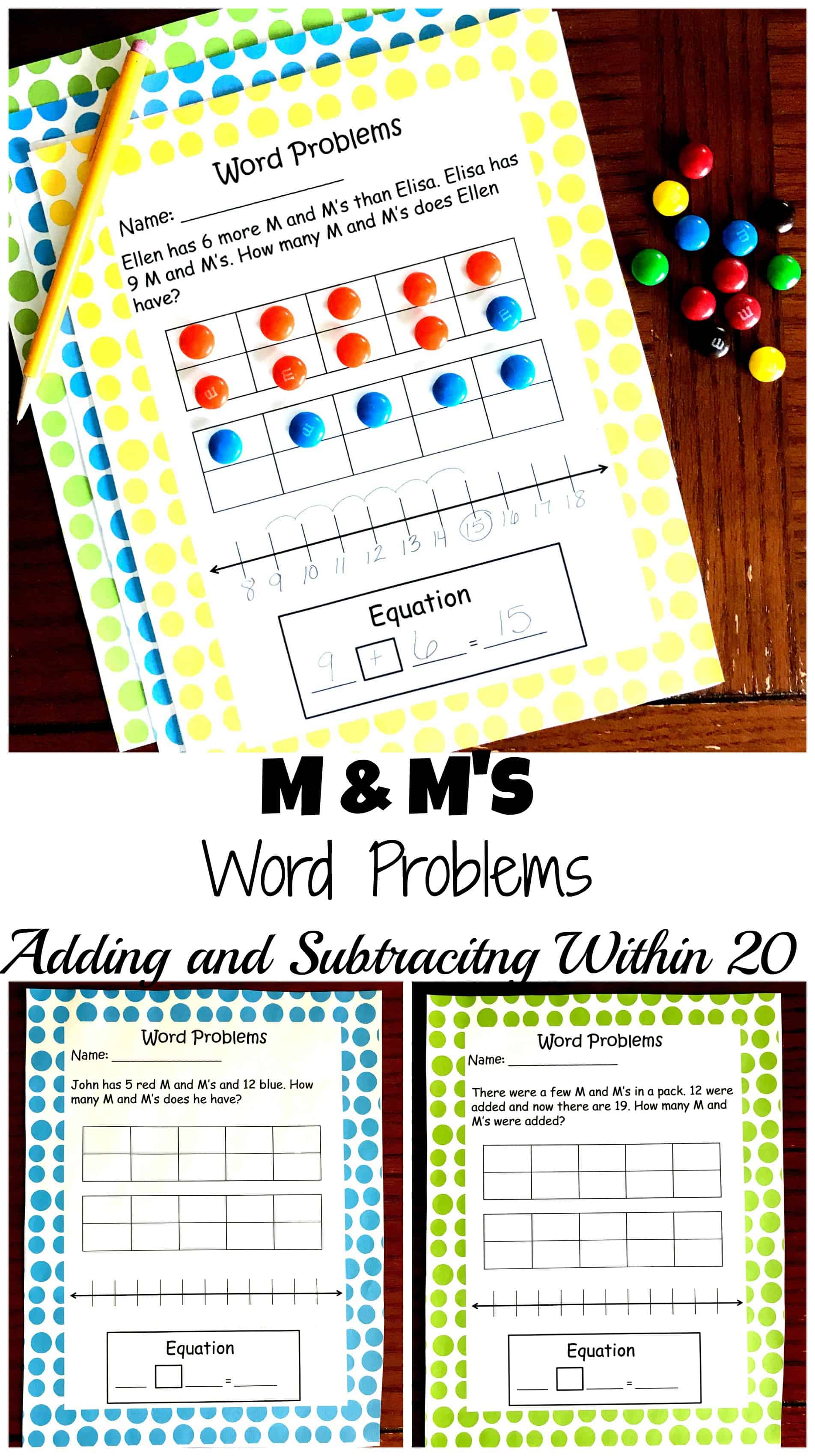 5 Free M & M Word Problems to Practice Adding and Subtracting Within 20