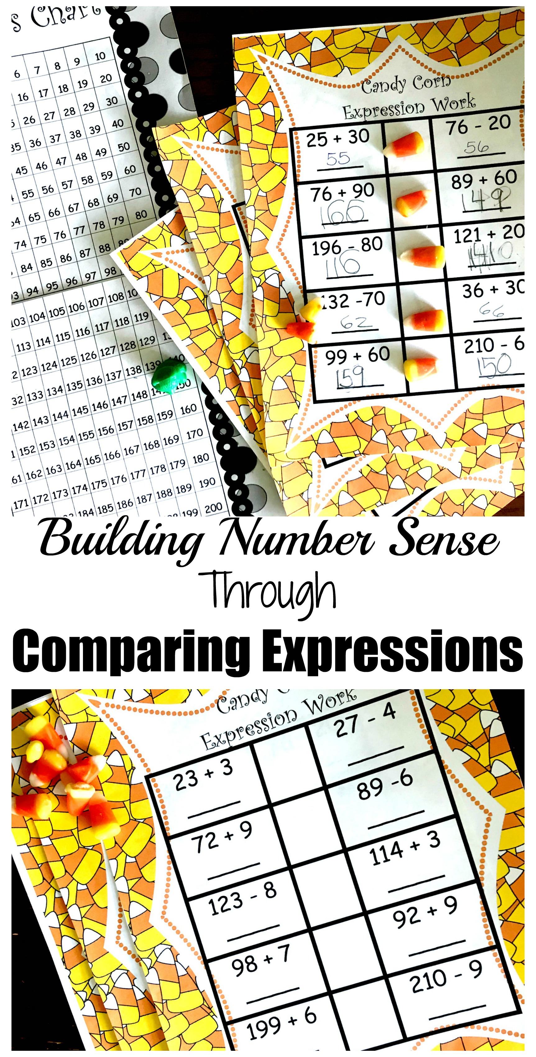 Comparing Expressions worksheets with candy corn.