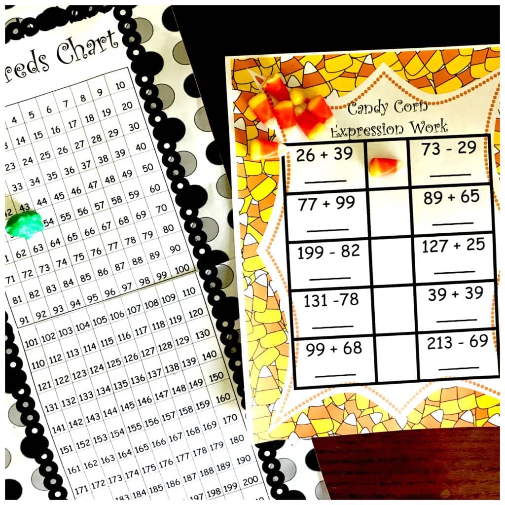 Comparing Expressions worksheets with candy corn.