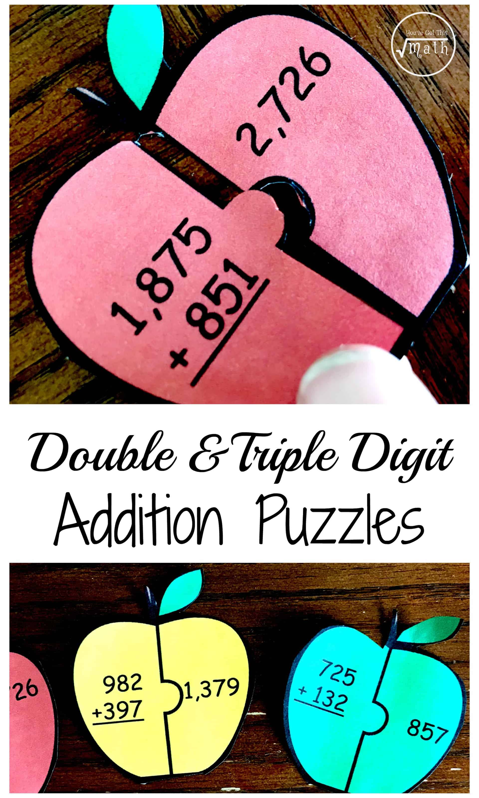 Free Triple and Double Digit Addition Puzzles - With An Apple Theme