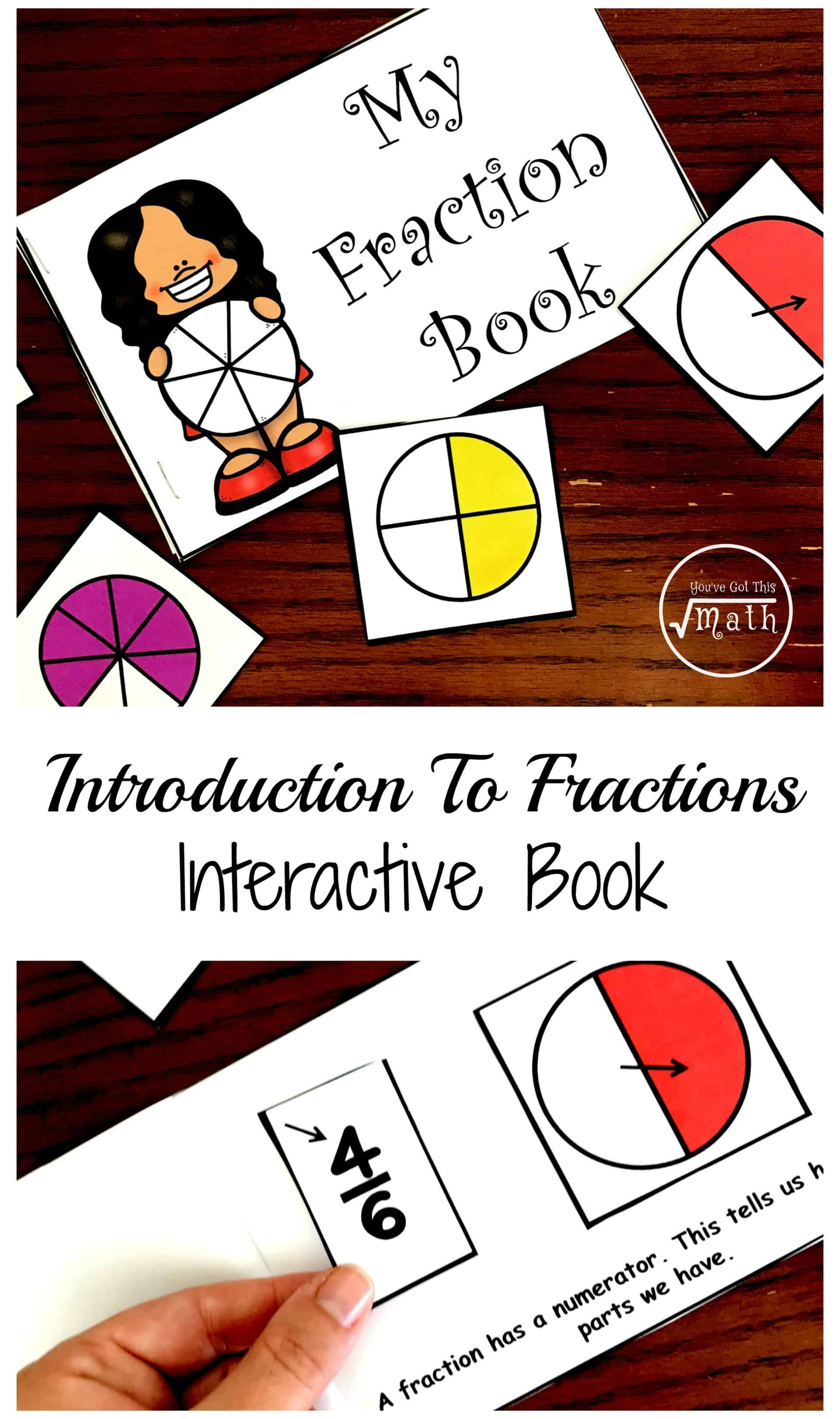 Fraction book with fraction cut-outs on a wooden background. 