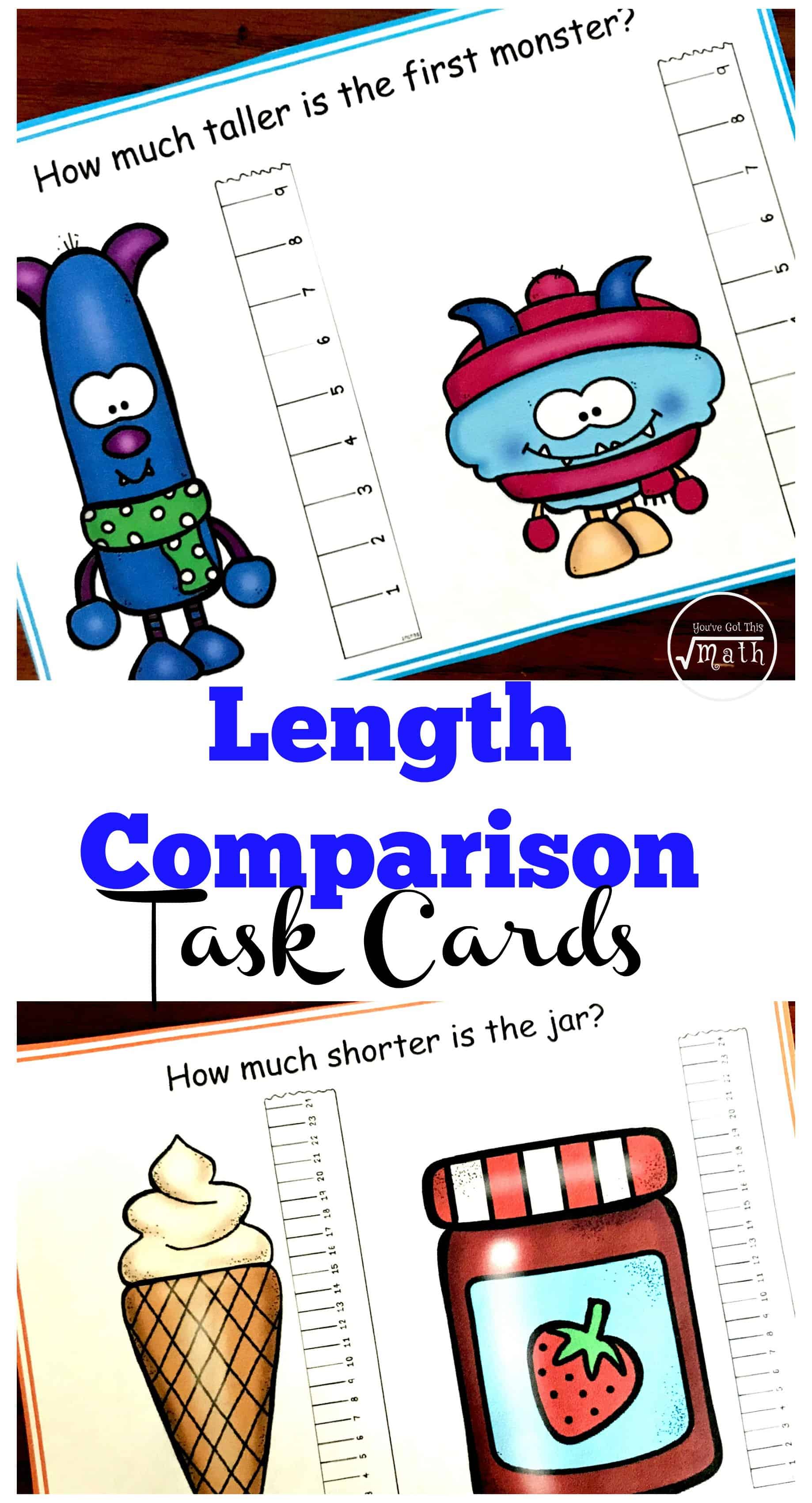 These 15 task cards focus on length comparison. Students measure two objects and then answer questions. One example may be, "How much longer is the car?" Or, "How much shorter is the doll?"