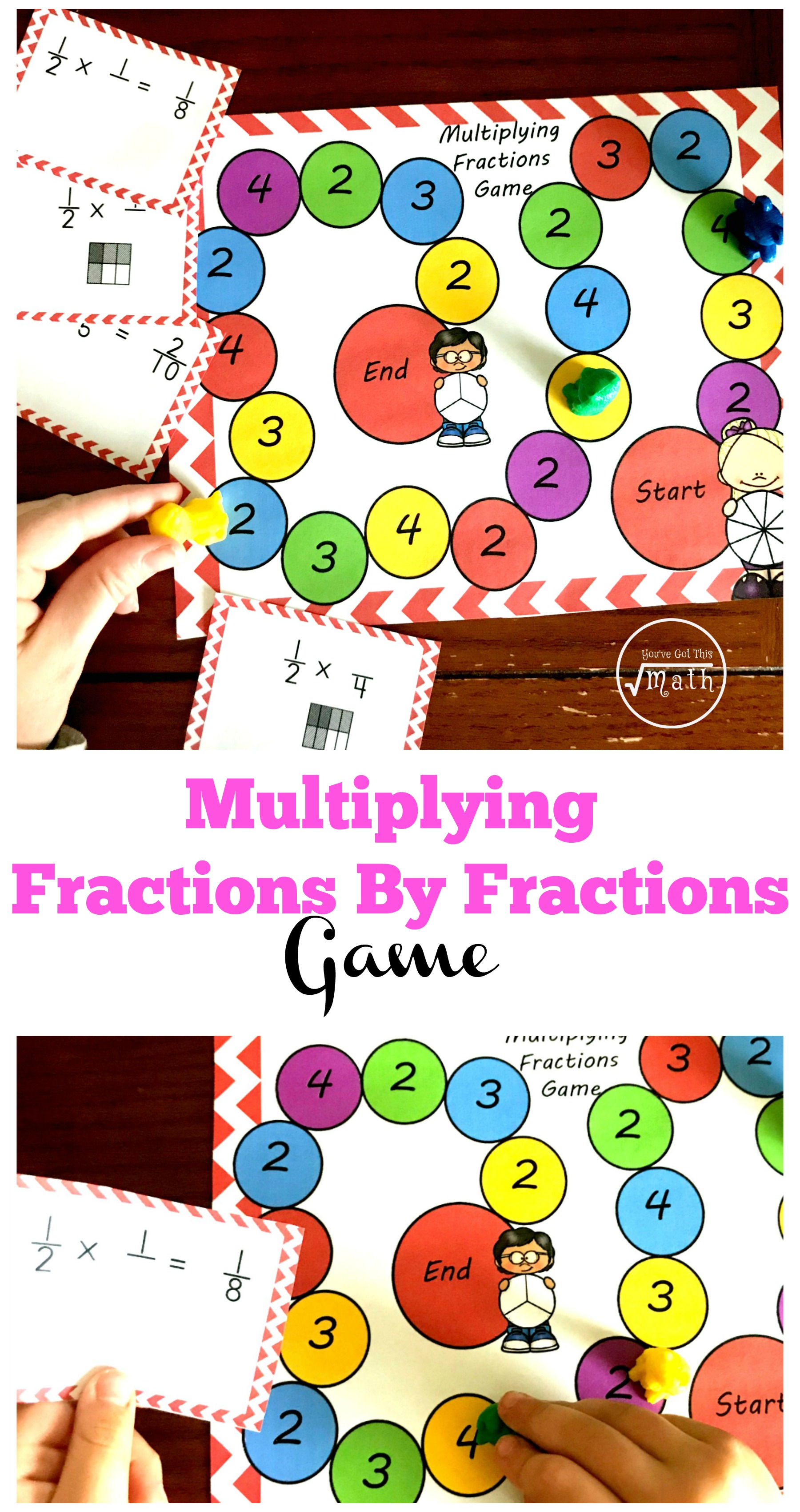 This FREE printable fraction game is a great way to practice solving fractions by fraction multiplication problems. There are simple expressions to solve, and there are some problems that require students to solve using an area model.