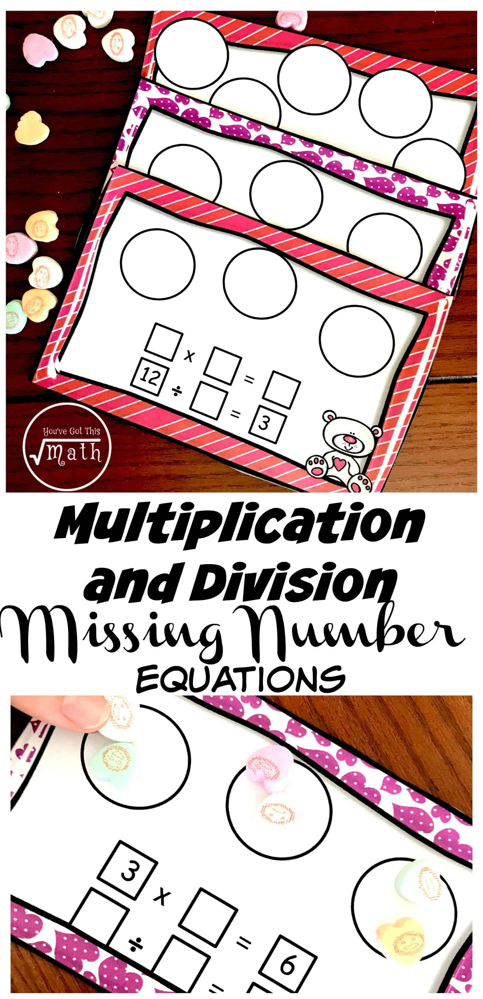 These missing factor worksheets or task cards use conversation hearts to help children solve equations with missing factors, dividends, and divisors. 