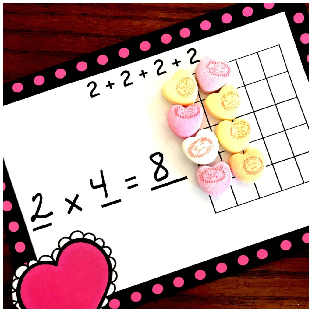 multiplication activity with valentine candy hearts