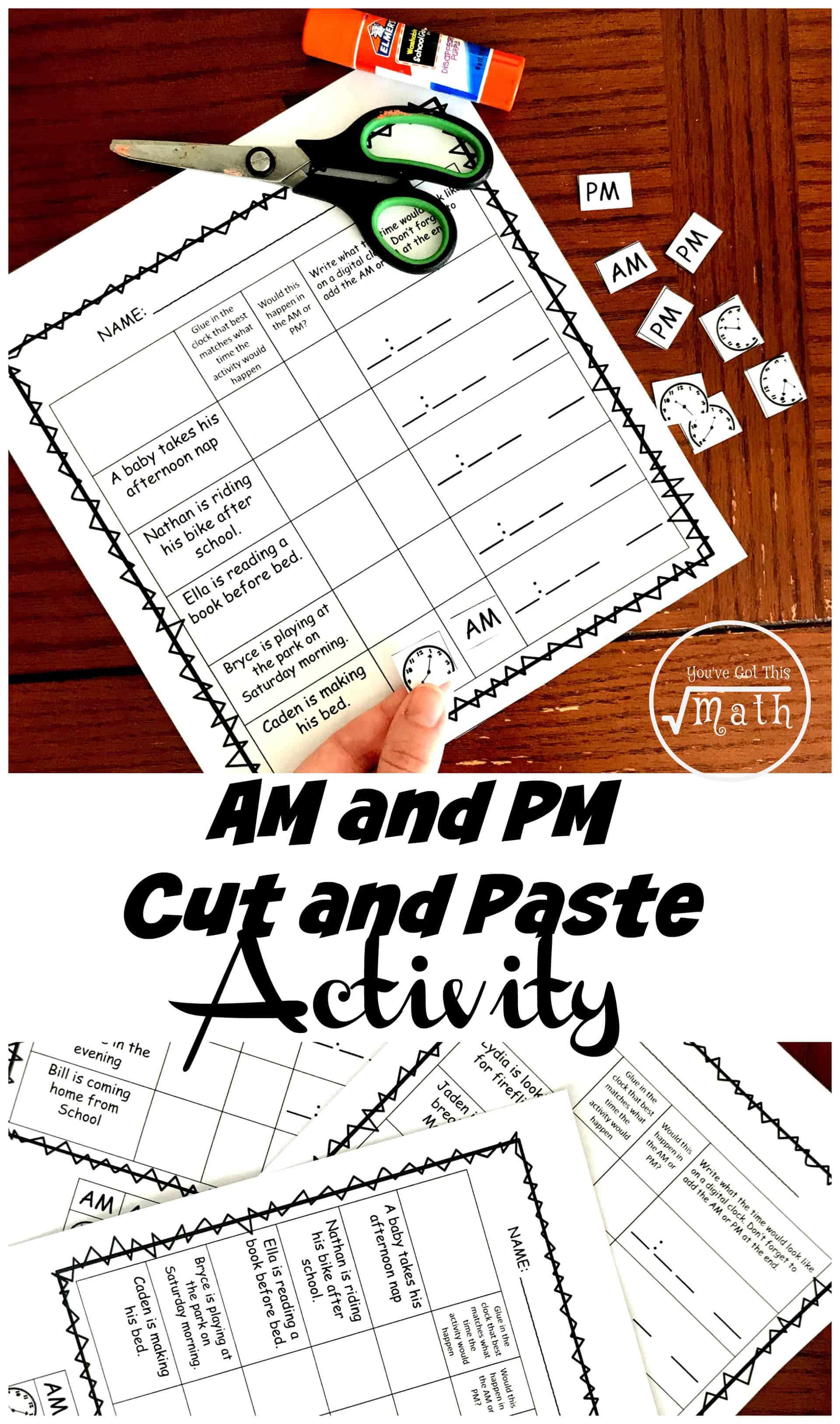These am and pm worksheets have children figuring out times they would perform an activity and if it would be am or pm. While working on the worksheet they will also be reading analog clocks in five-minute increments.