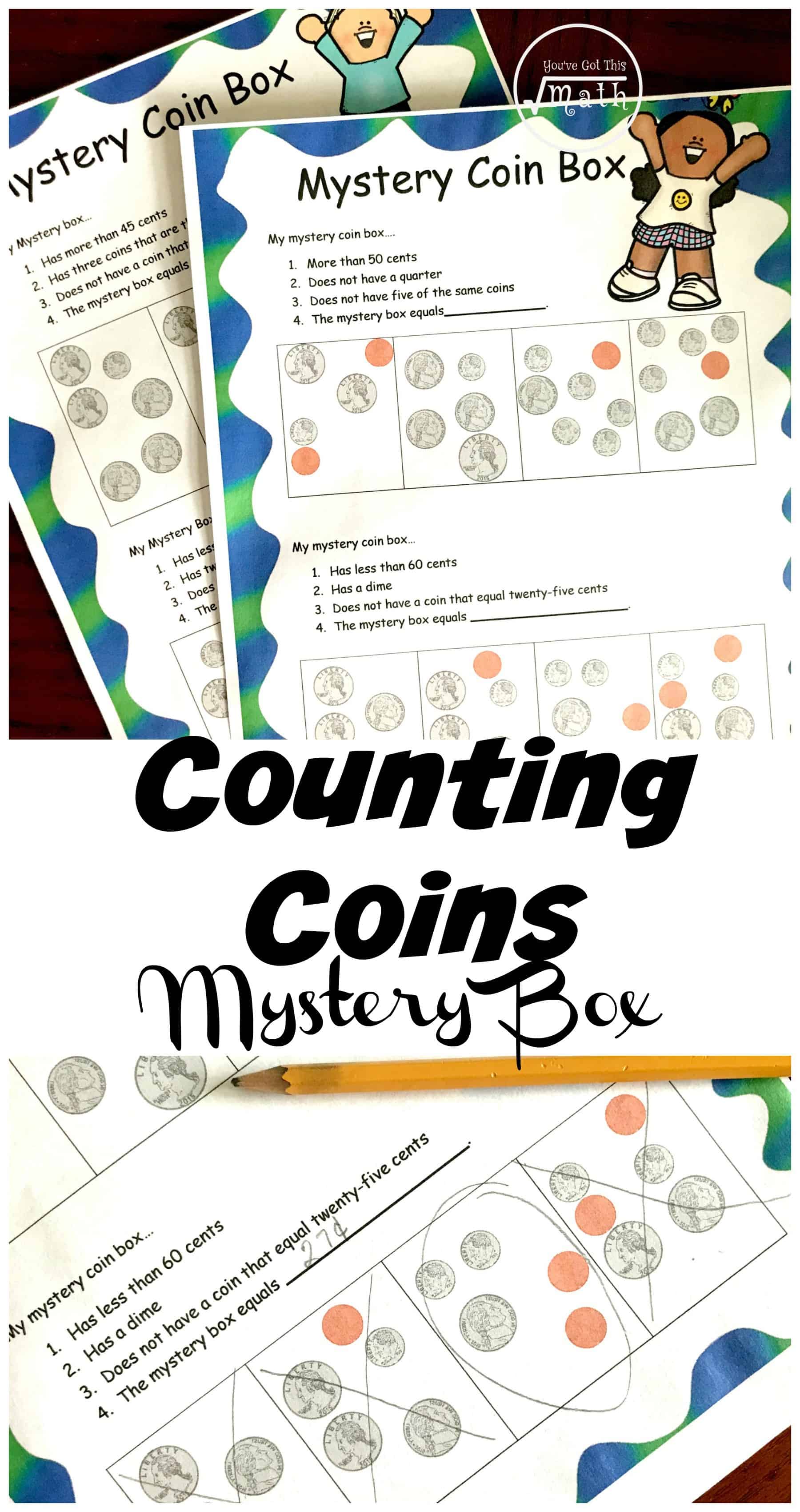 These counting coin worksheets have a fun twist. Children have to use clues to figure out which box is the mystery box. These clues include coin recognition and counting money.