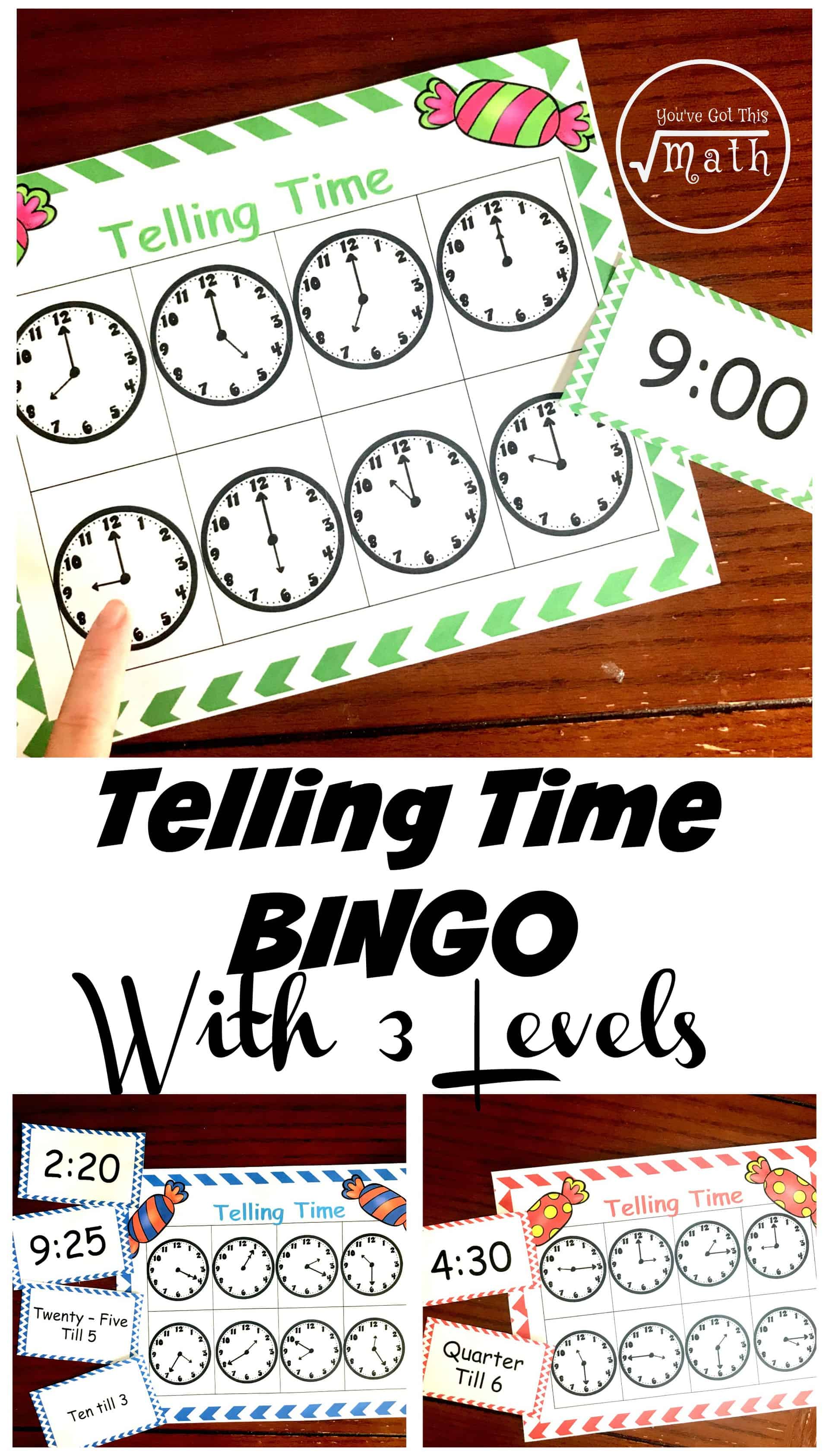 This bingo game is a great telling time for kids activity. With three different levels your kids will work on telling to the hour, then quarter and half hour, and finally to five-minute increments. It also includes word cards like half past and quarter till.