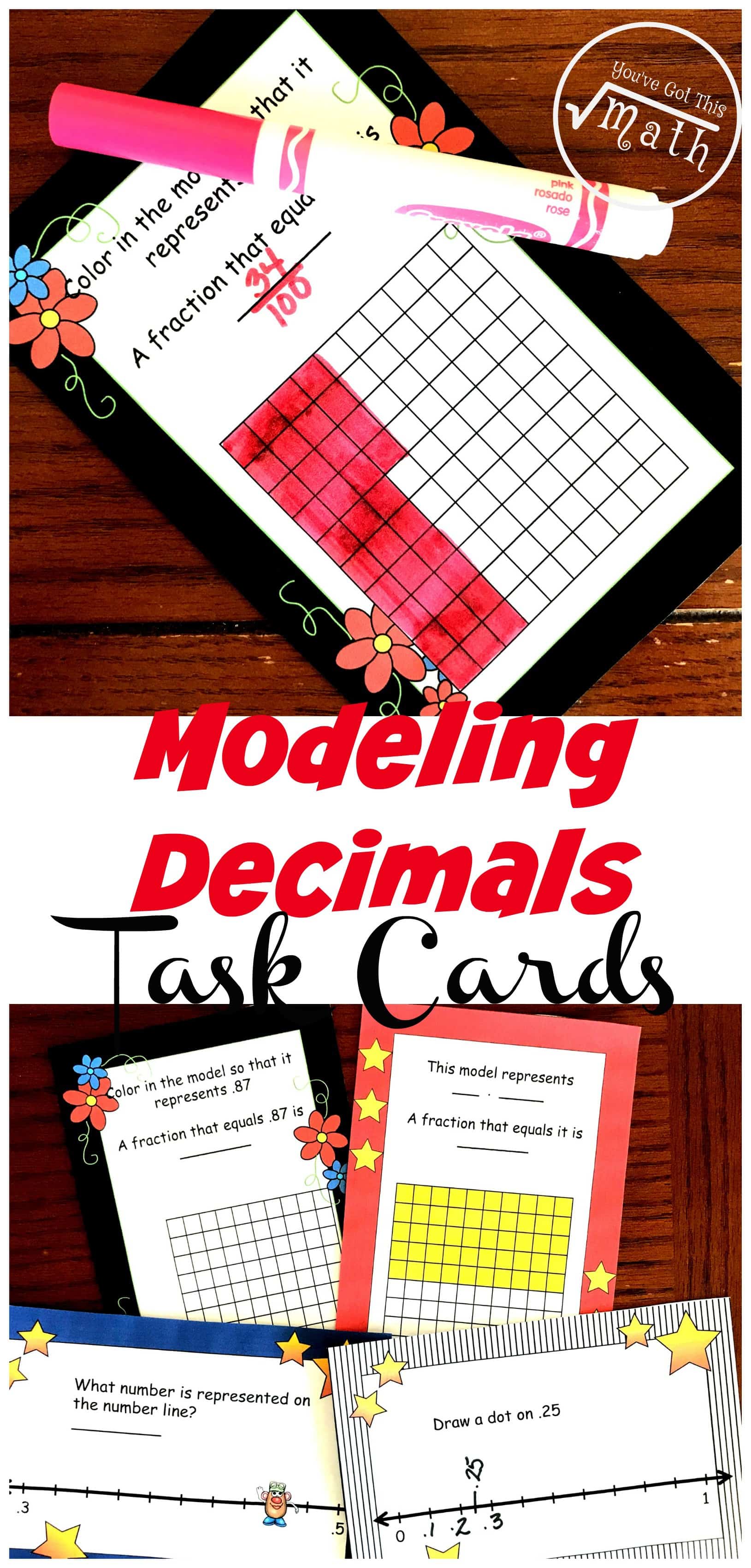 These task cards help children with modeling decimals. One set has children coloring a decimal grid to represent a decimal, while another has children figuring out the decimal represented on a decimal grid. The other two sets have children modeling decimals on number lines.