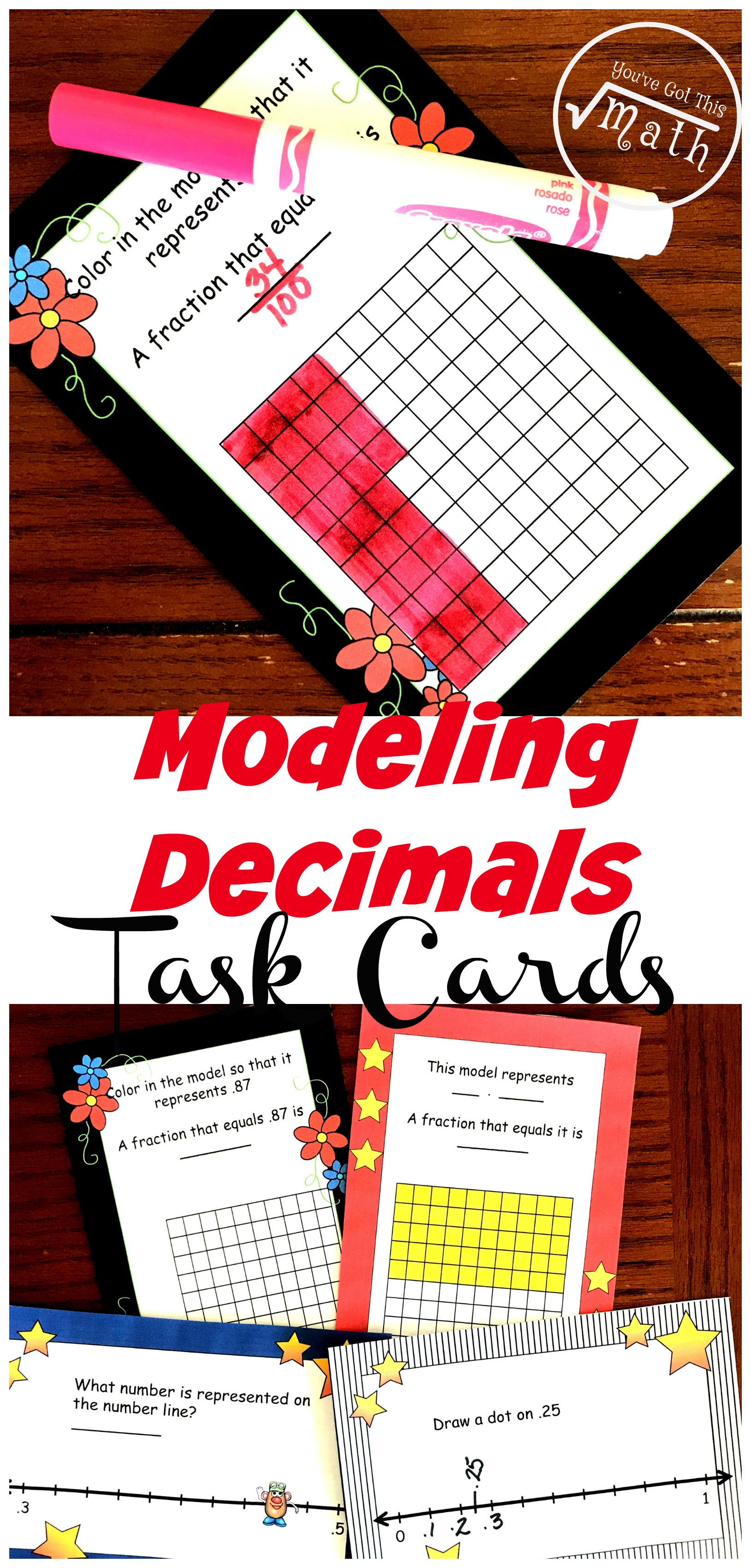 16 task cards to practice modeling decimals on number lines and decimal grids