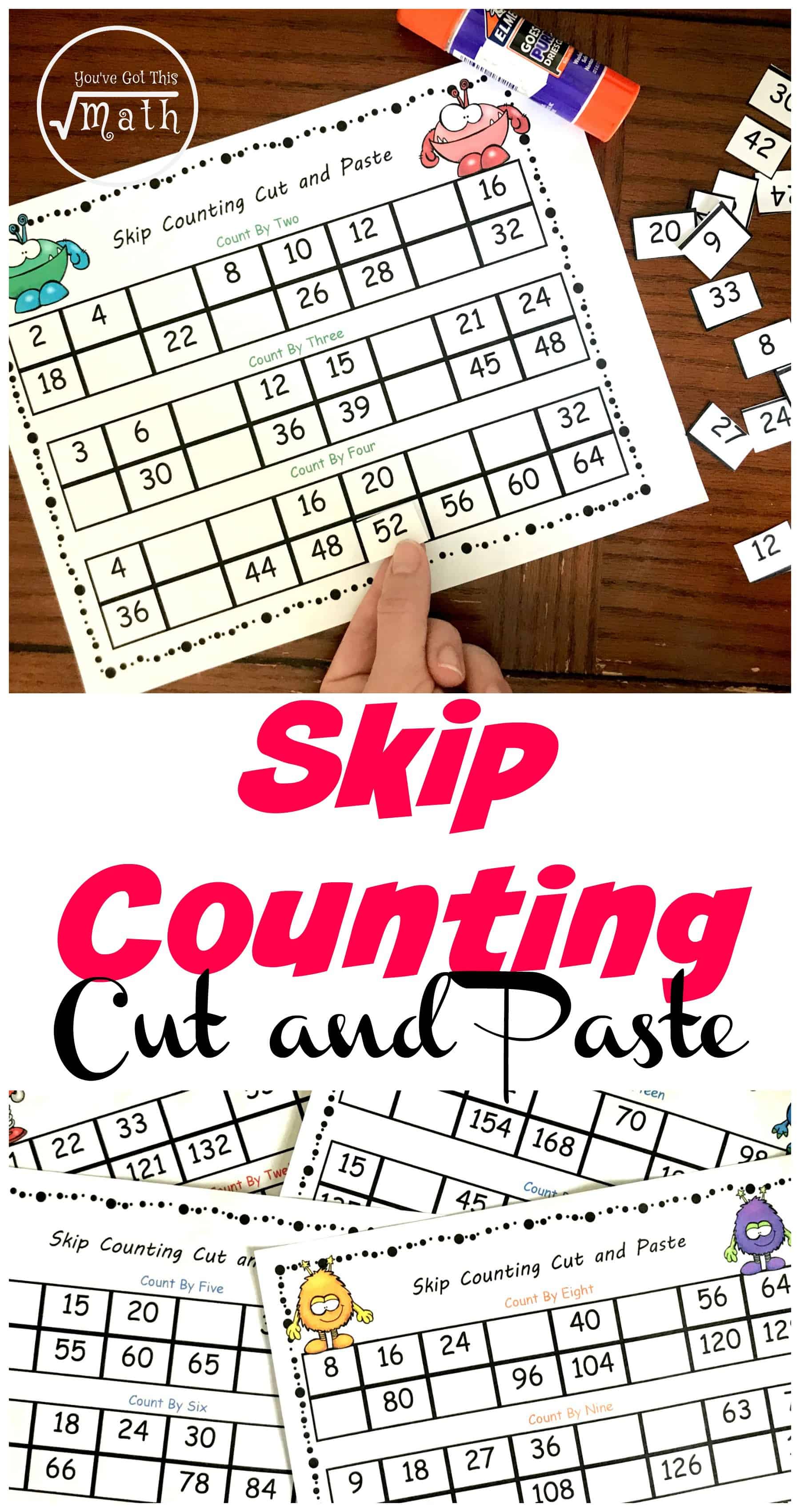 Grab some skip counting worksheets free! These cut and paste activities are a wonderful way for children to practice their skip counting skills. They also have all the numbers for the new math memory work for Classical Conversations. 