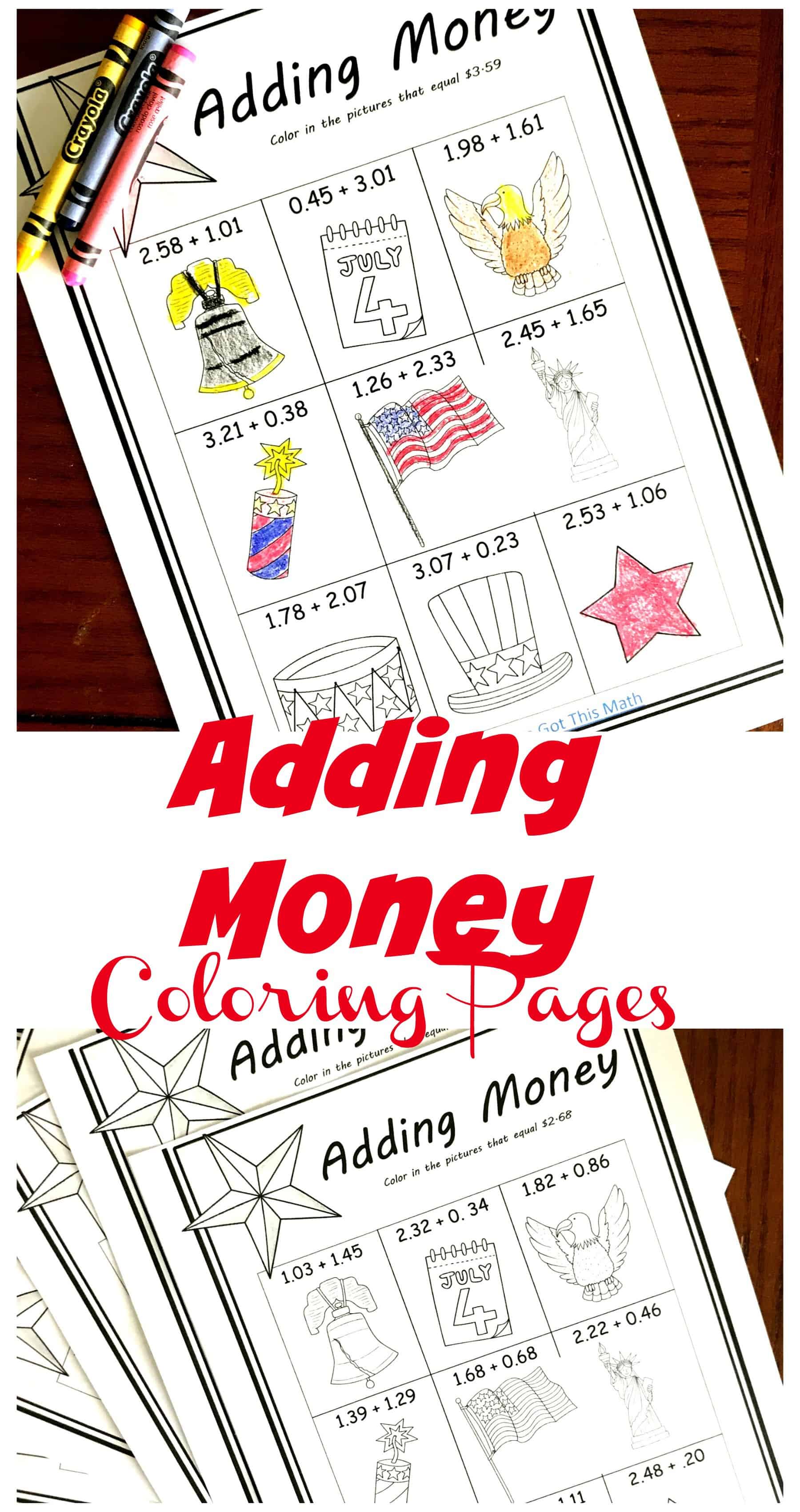 five free coloring adding money worksheets with a patriotic theme