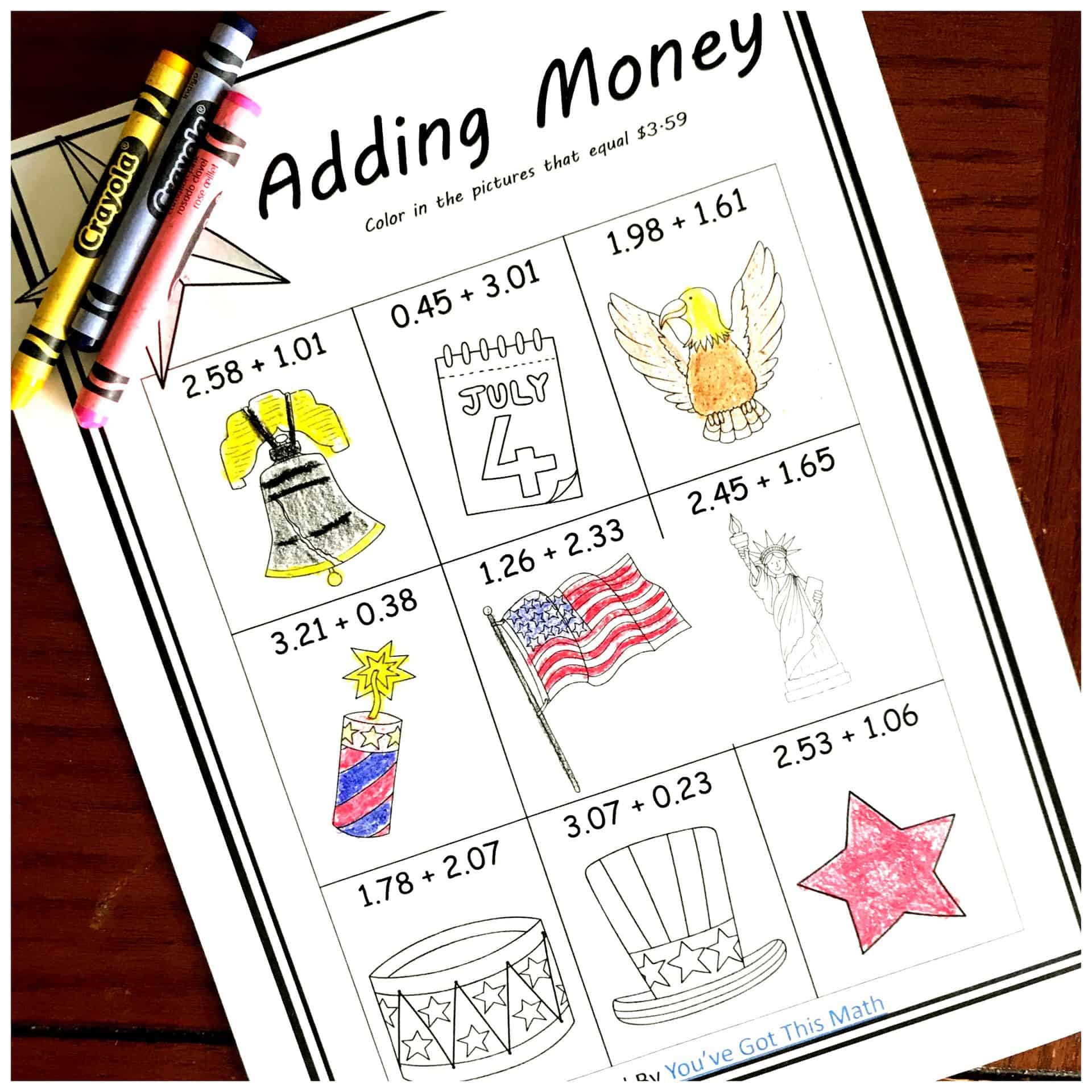 five free coloring adding money worksheets with a patriotic theme