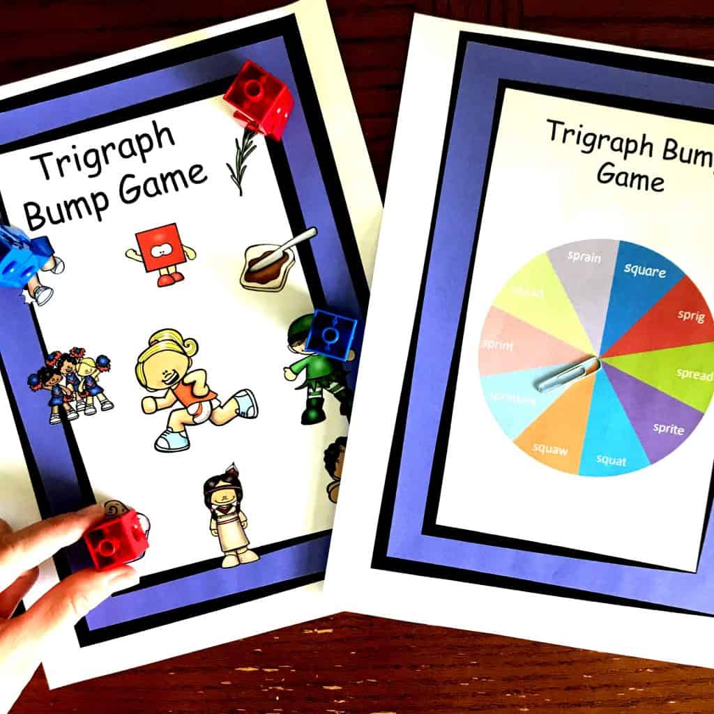 Trigraph activity worksheets to practice learning trigraphs. An activity sheet with a trigraph game called the Trigraph Bump Game. 