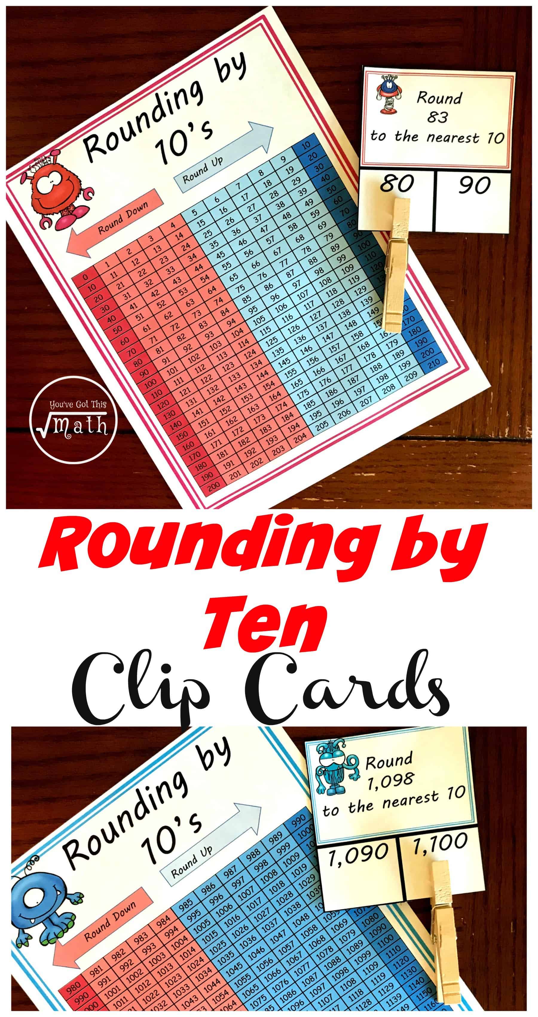 These rounding by 10 clip cards help children practice rounding while using a hundreds chart. Children practice rounding in two-digit numbers (tens) three digit numbers (hundreds) and three-digit numbers (thousands).