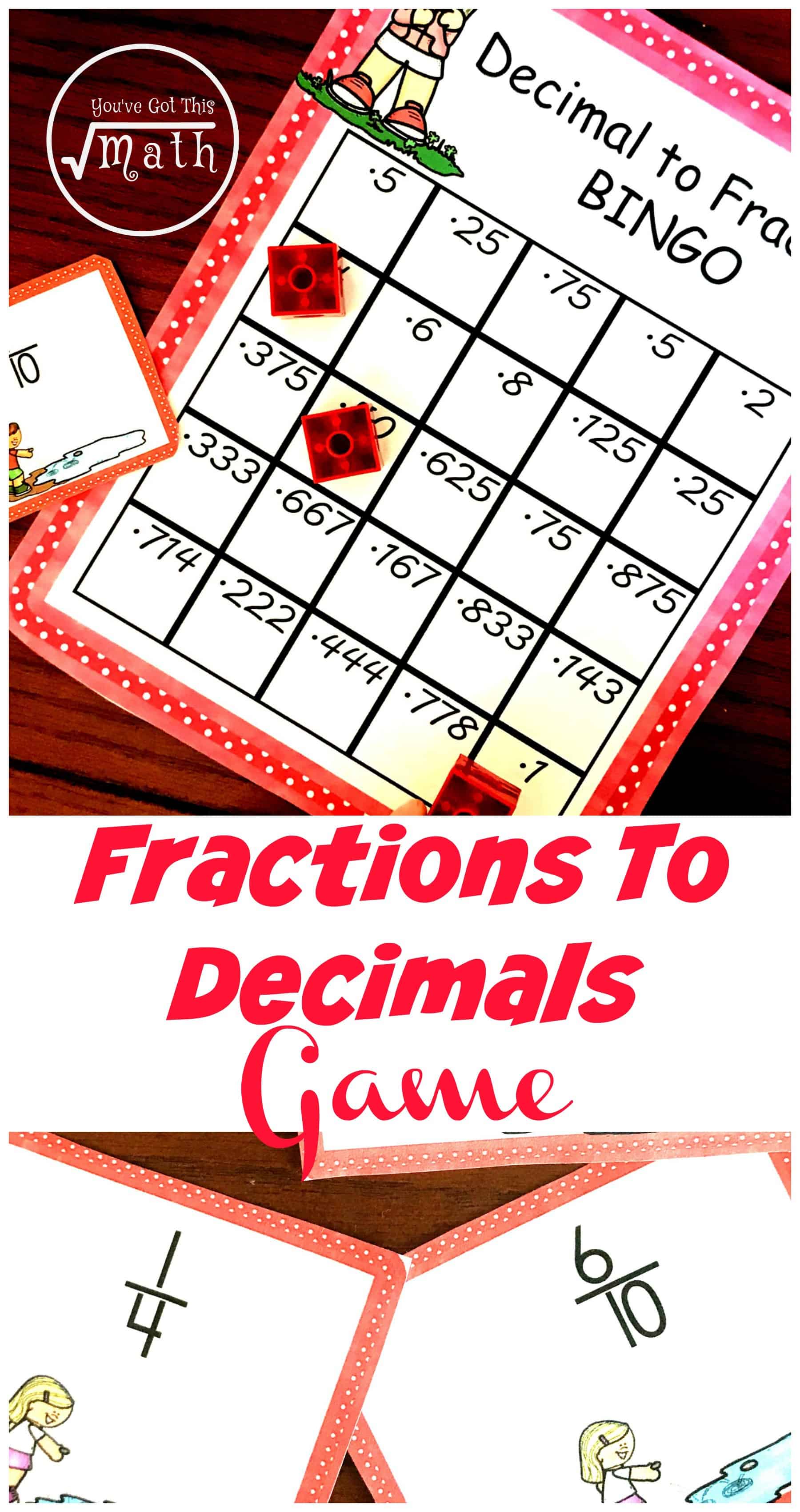 This free fraction to decimal game is a perfect way for children to practice converting fractions like 1/2, 3/4, 4/5, and 5/7 to decimals.