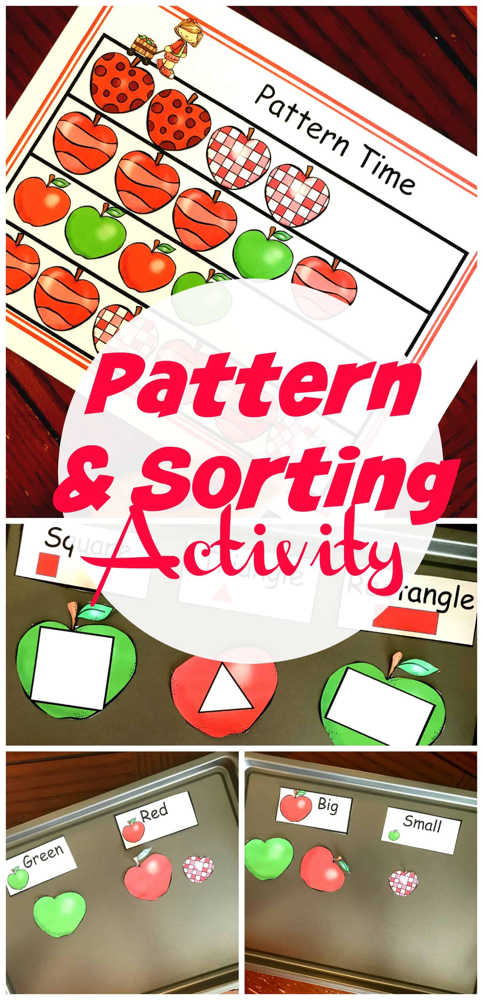 WIth a fun apple theme, this fall preschool pattern activity will help young ones with patterns like ABAB. They will also sort apples based on sizes.
