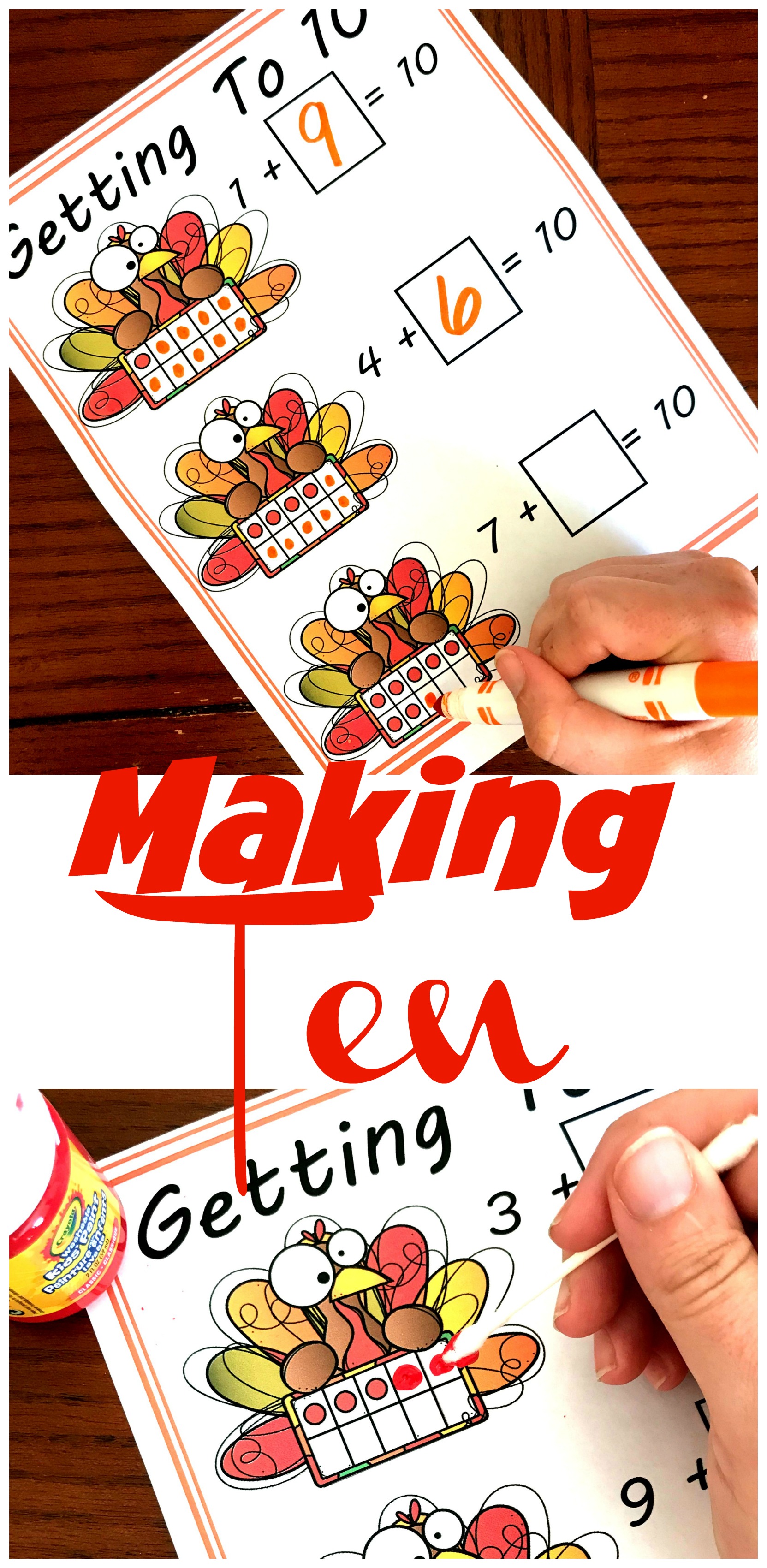 Thanksgiving ten frames printable with a hand filling in the ten frame.