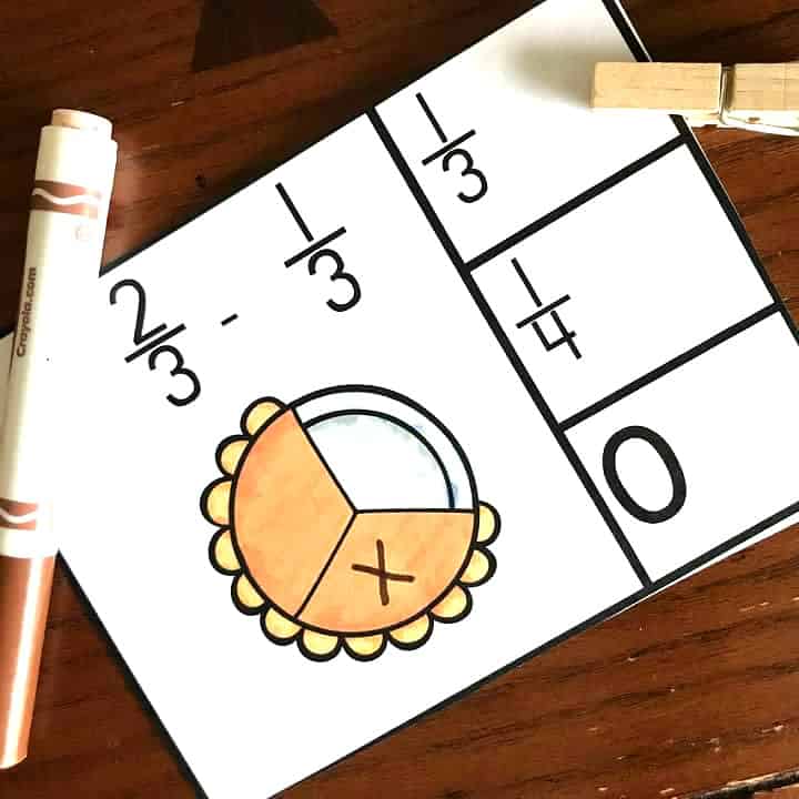 FREE Thanksgiving Clip Cards for Subtracting Fractions with Common Denominators