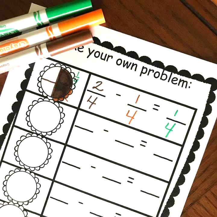 Thanksgiving subtracting fractions with common denominators worksheet with markers.