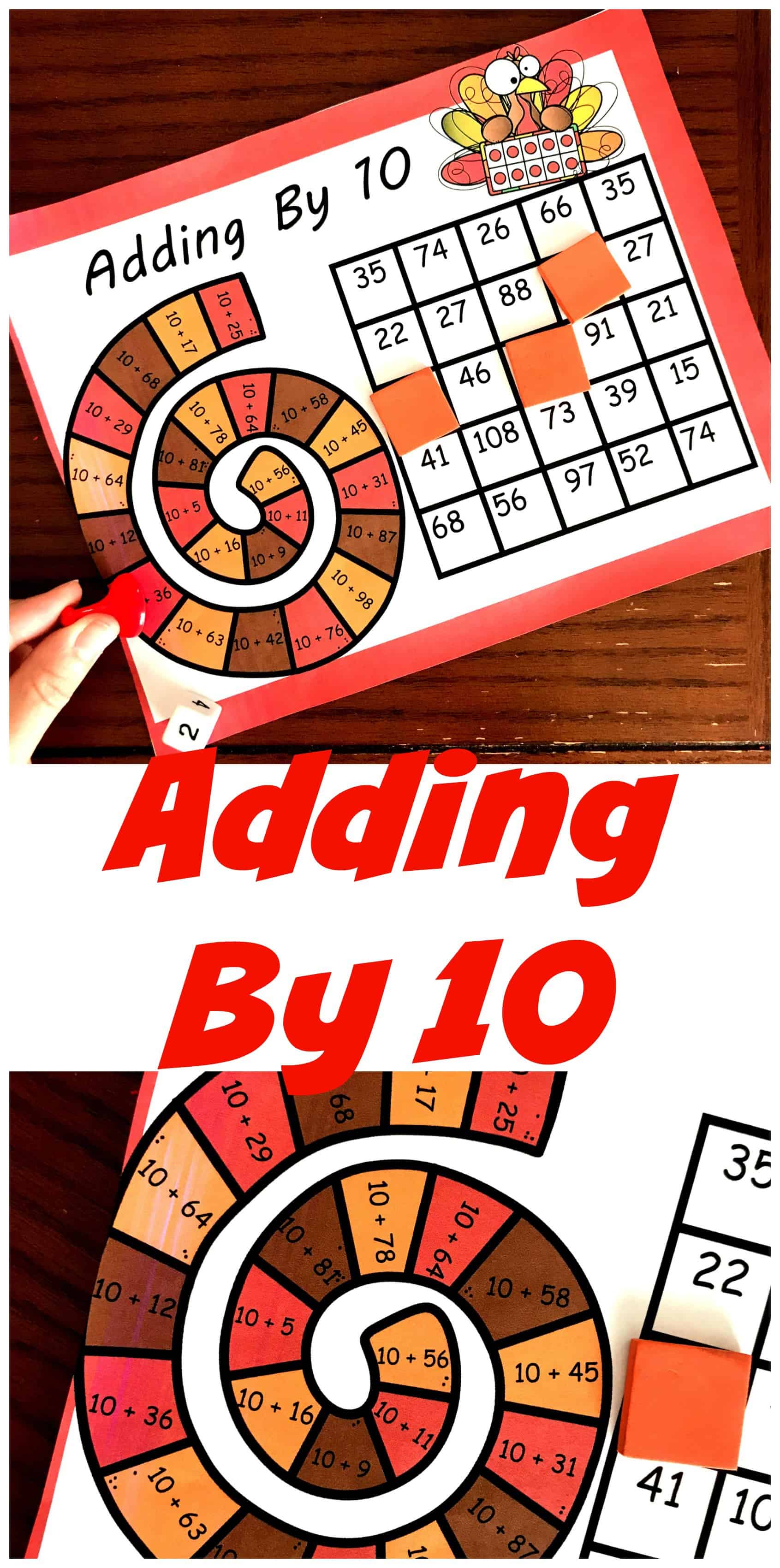 Adding by 10 game with paper covering numbers.