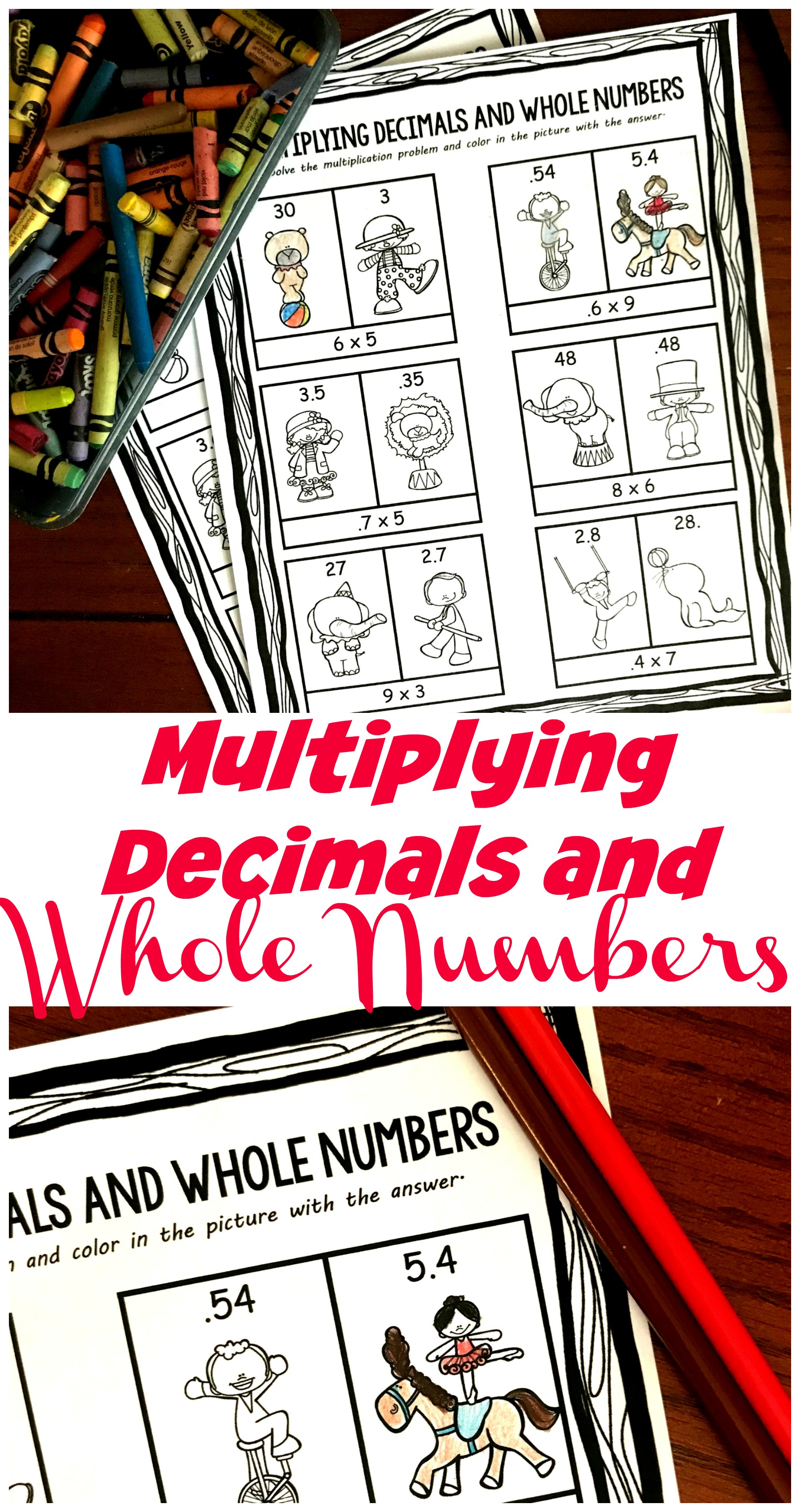 These free pages have children Multiplying Decimals and Whole Numbers (.2 x 9) and then coloring in the correct answer. Focuses on where the decimal should go