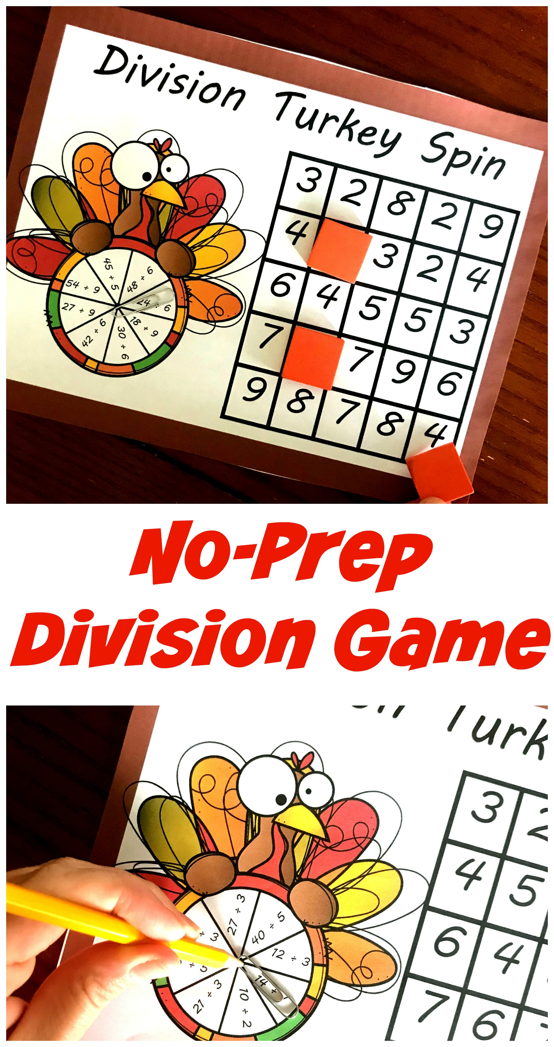 Thanksgiving Division Game printable with game pieces on a wooden background. 