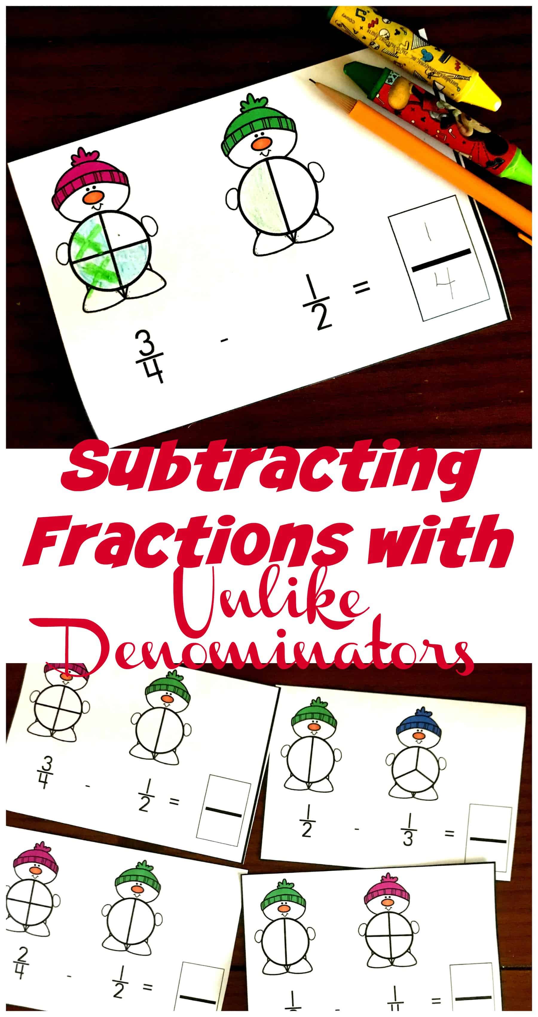 Grab these adorable snowmen to help children model subtracting with, unlike denominators. They are a fun, visual way to practice this skill.