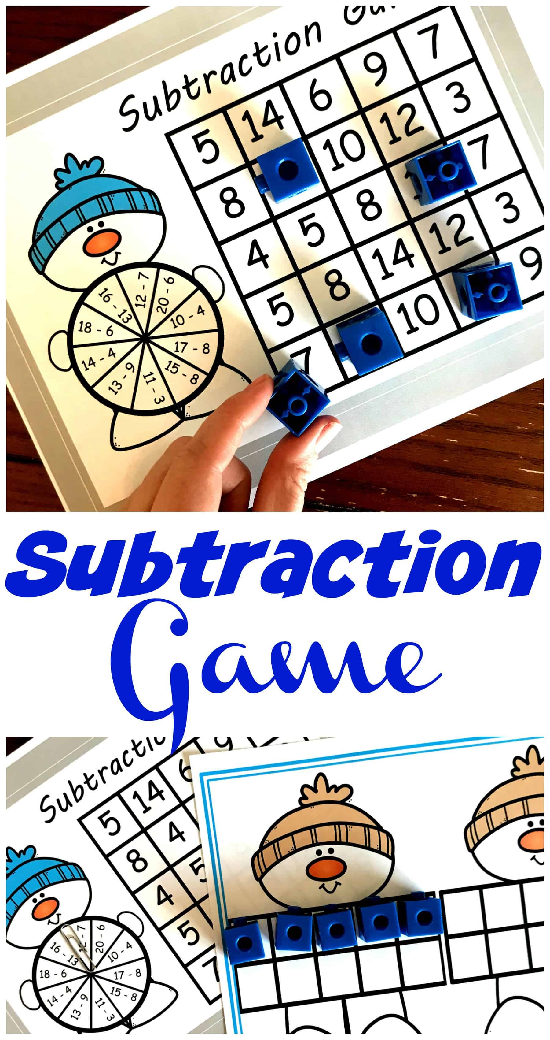 Snowmen subtraction games for kids printables on a table with game pieces.