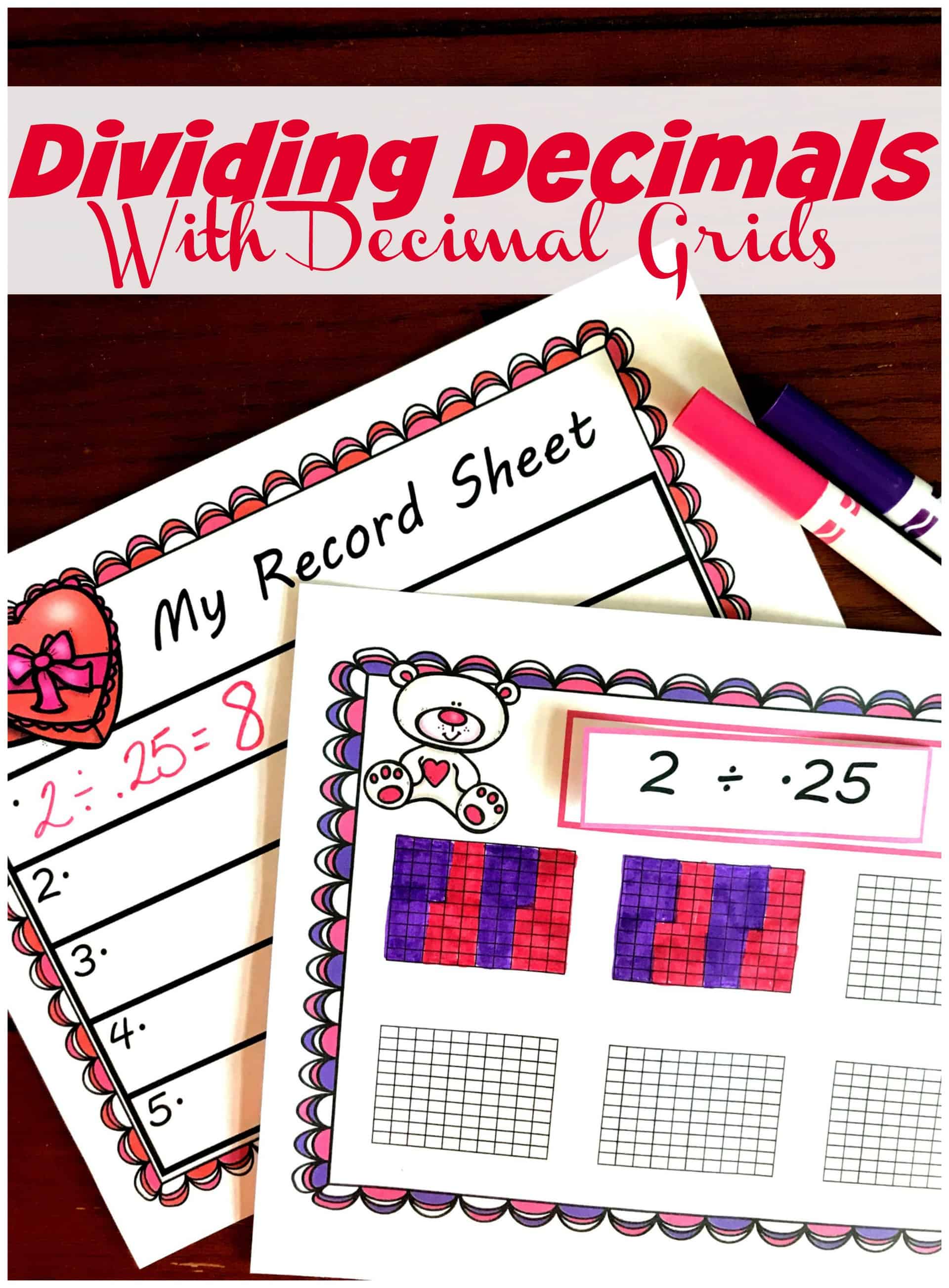 You'll love this free dividing whole numbers by decimals worksheet with a Valentine's Day theme. Children solve division problems by coloring in decimal grids and then record the answer. 