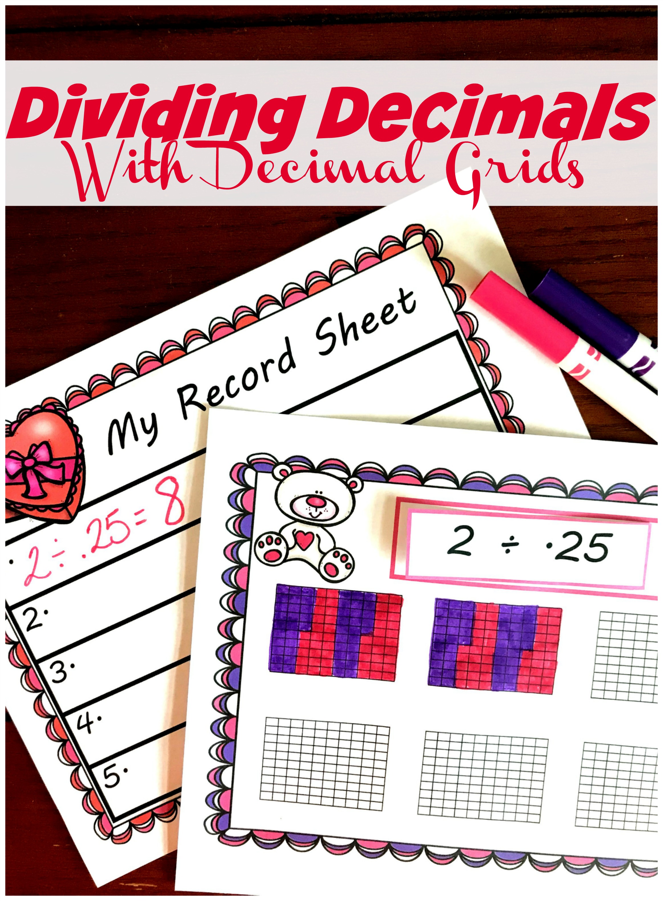 You'll love this free dividing whole numbers by decimals worksheet with a Valentine's Day theme. Children solve division problems by coloring in decimal grids and then record the answer. 