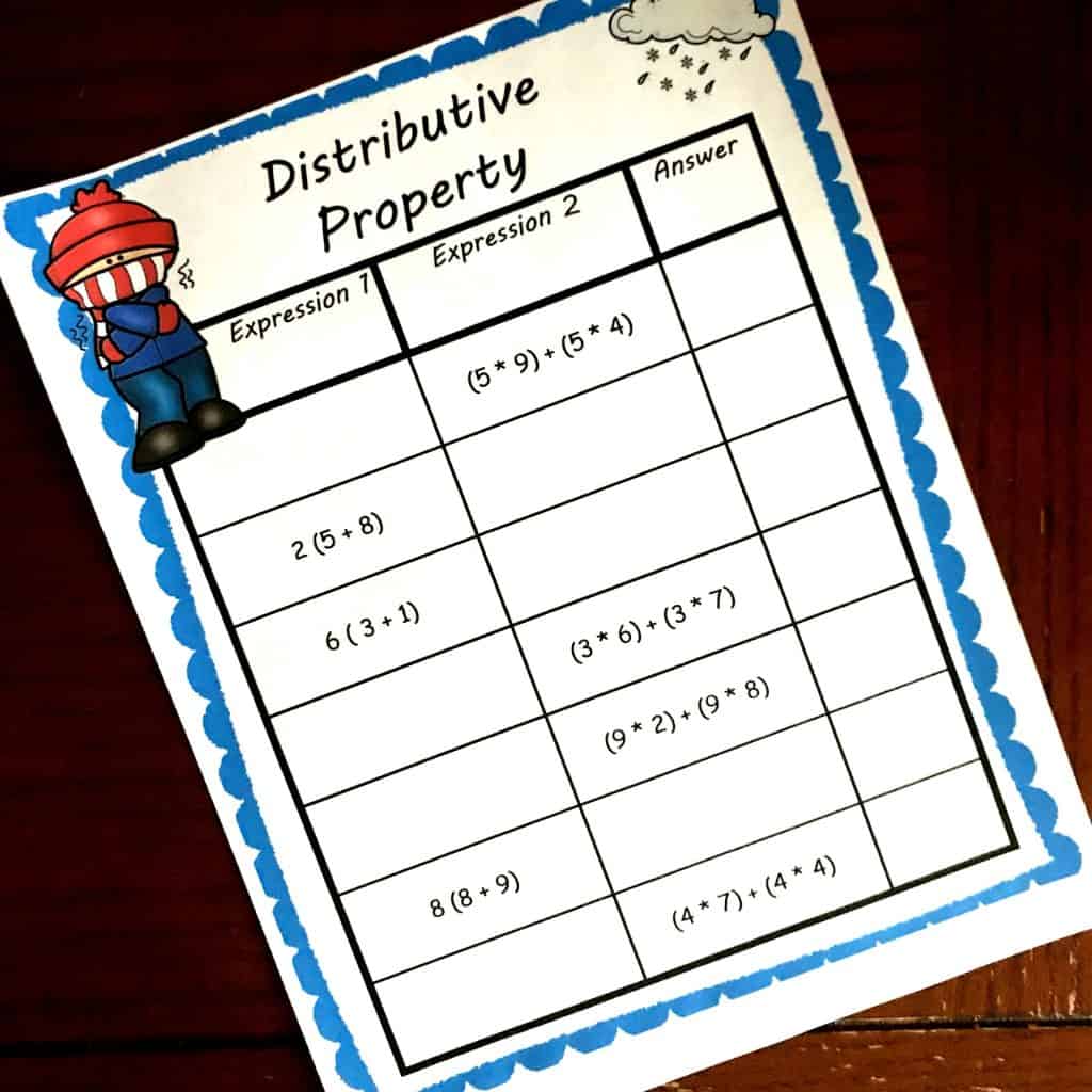 THREE, FREE Distributive Property Worksheets with a Winter Theme