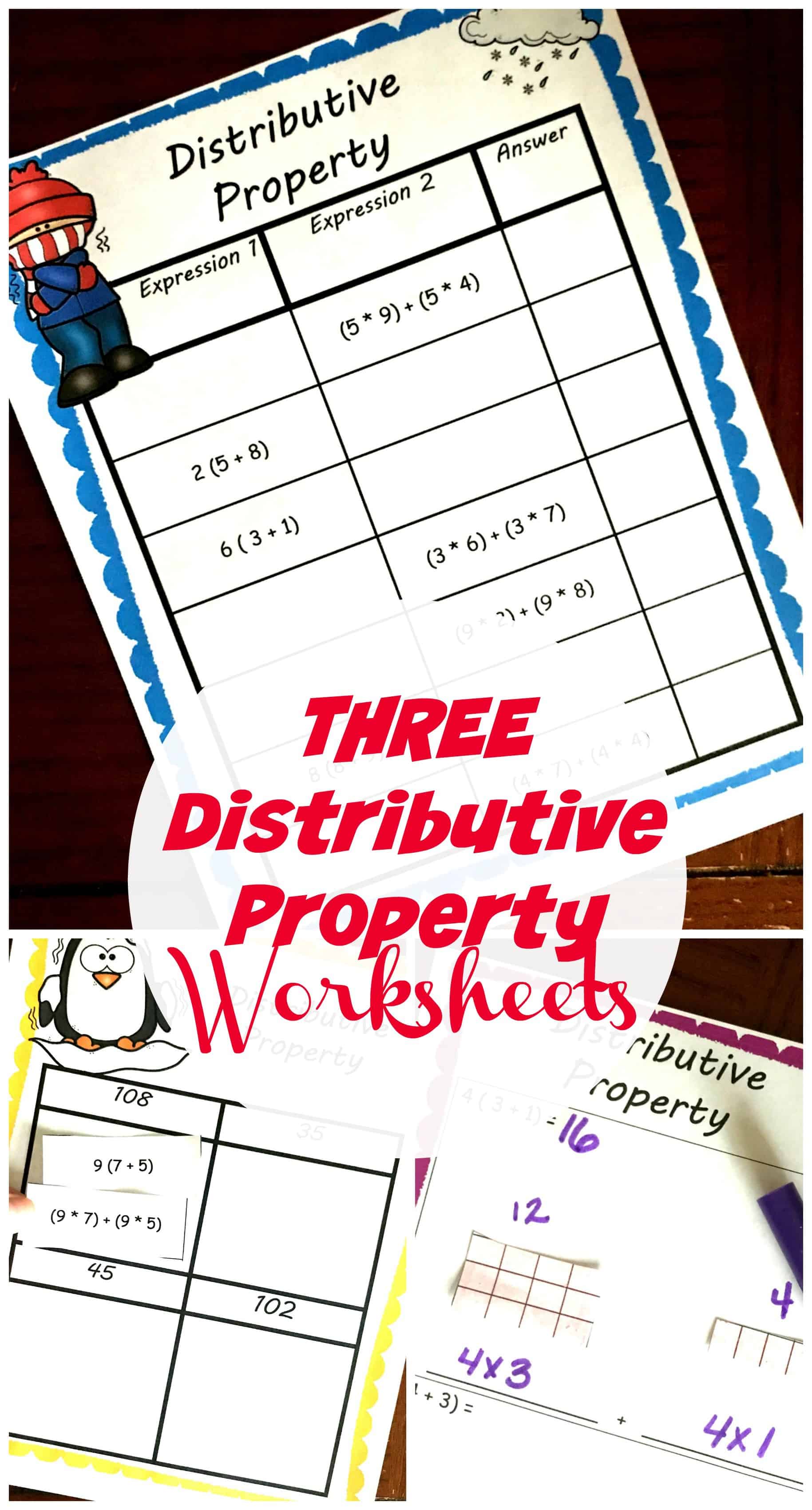 Grab Three, FREE distributive property worksheets so children can practice creating and solving expressions like     a(b + c ) = (a * b) + (a * c).