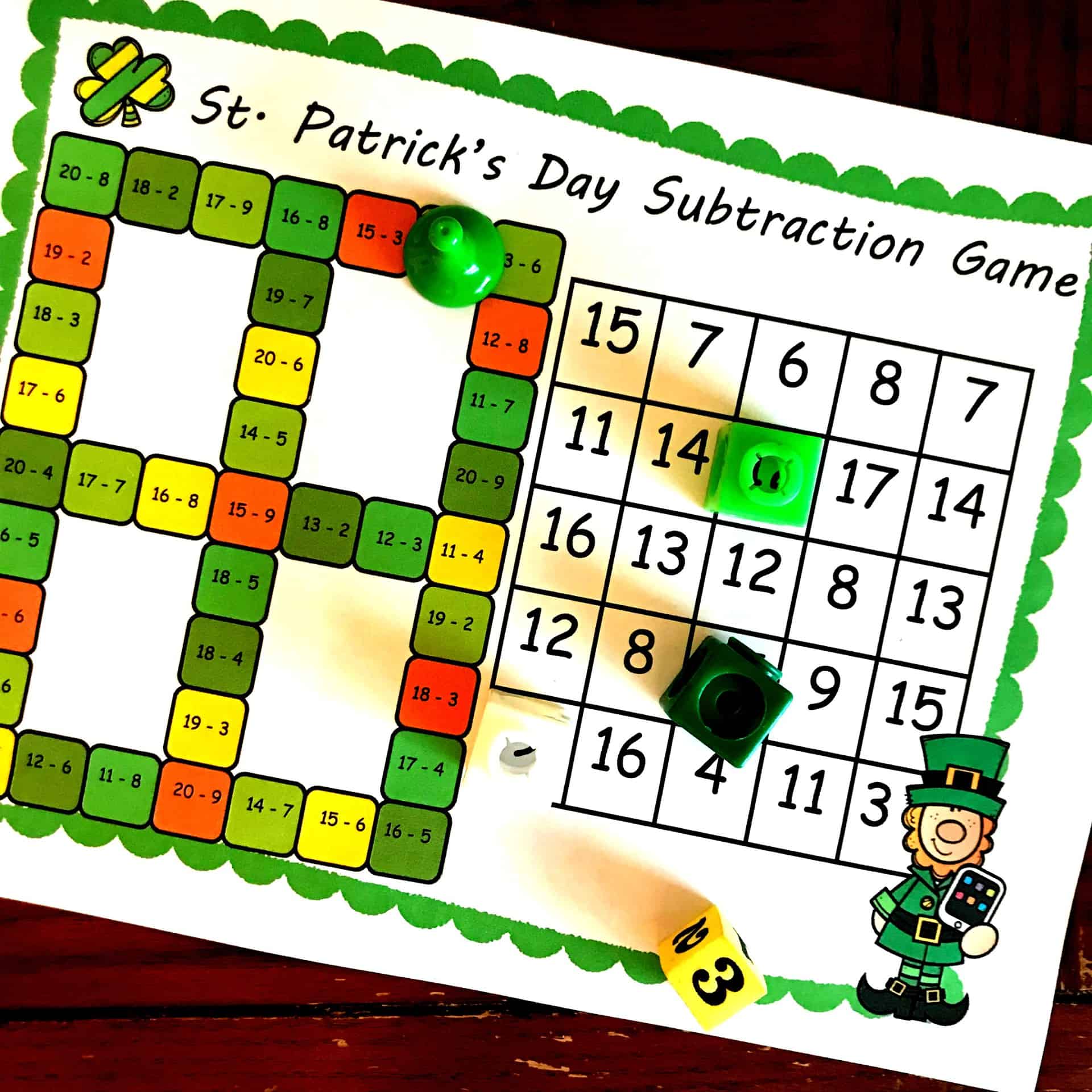 FREE No-Prep Subtraction Game with St. Patrick’s Day Theme