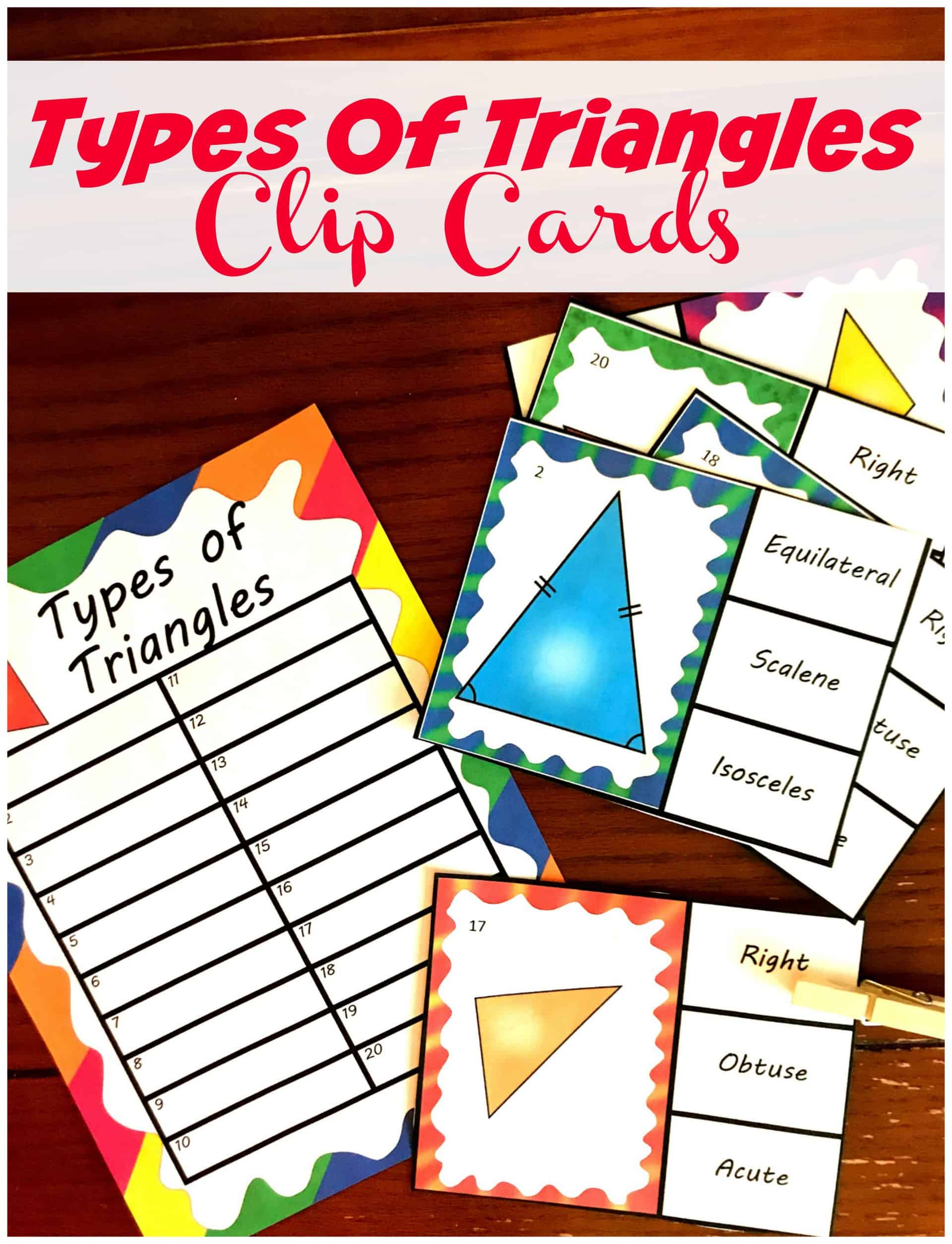 Your students will love these FREE clip cards for different types of triangles. Have them recognize and name scalene, isosceles, equilateral, right, obtuse and acute triangles.