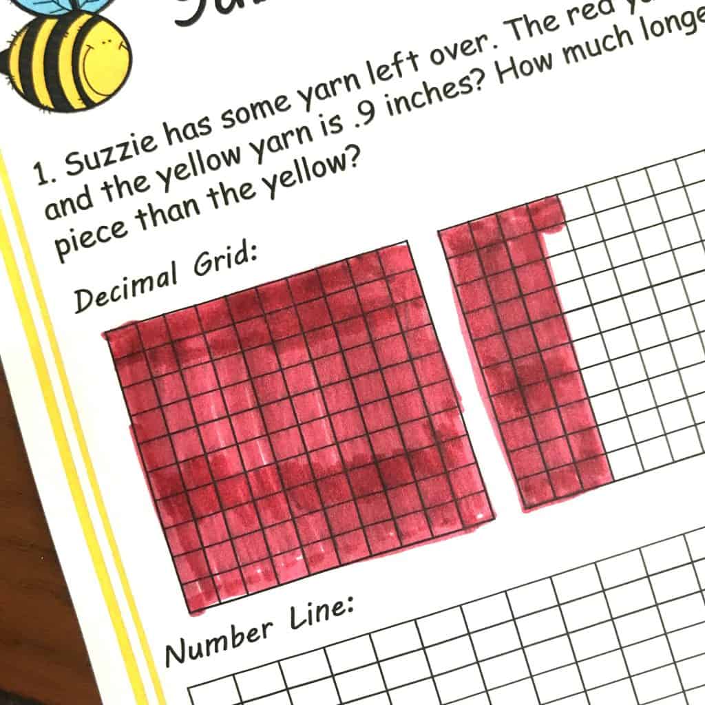 Subtracting decimals word problems worksheets on a table with the answer colored on the grid. 