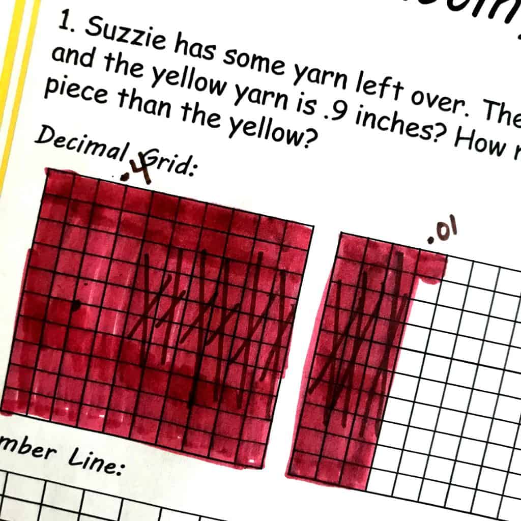 Subtracting decimals word problems worksheets on a table with the answer colored in the grid. 