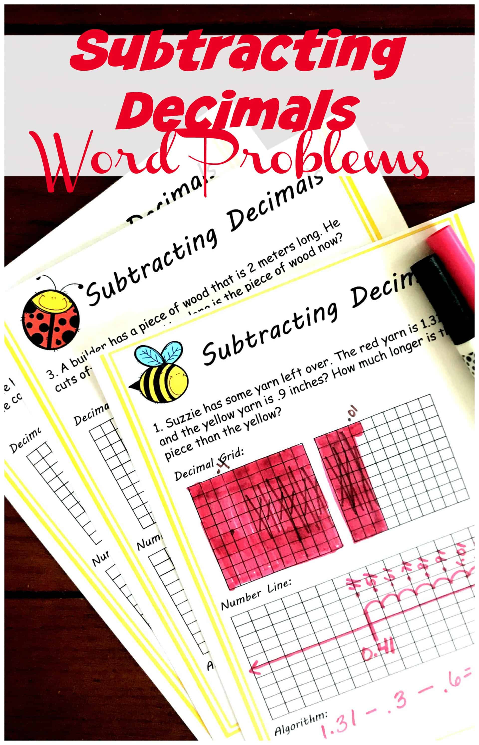 Subtracting decimals word problems worksheets on a table with markers.