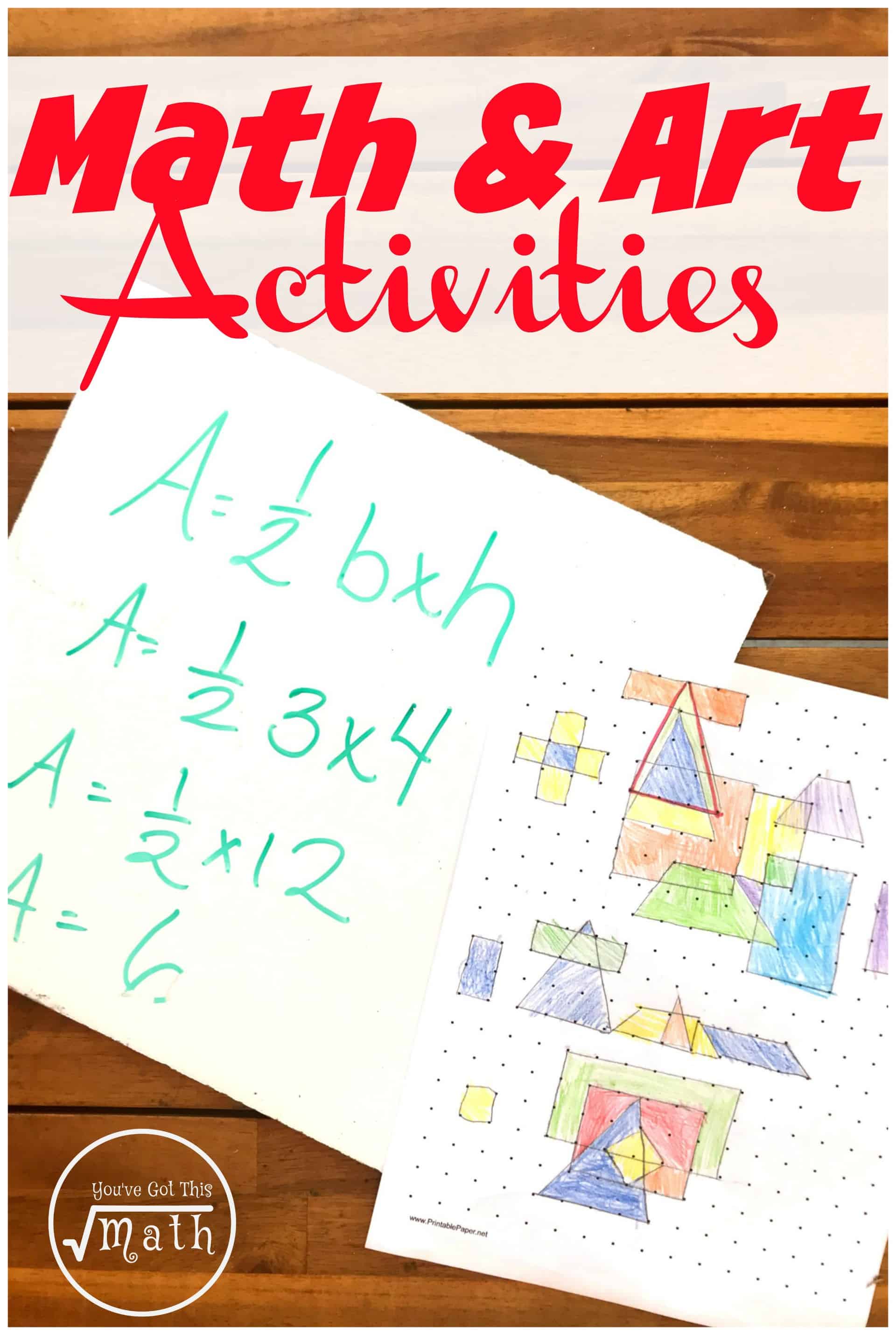 Area and perimeter art project worksheet with drawings of shapes and equations. 