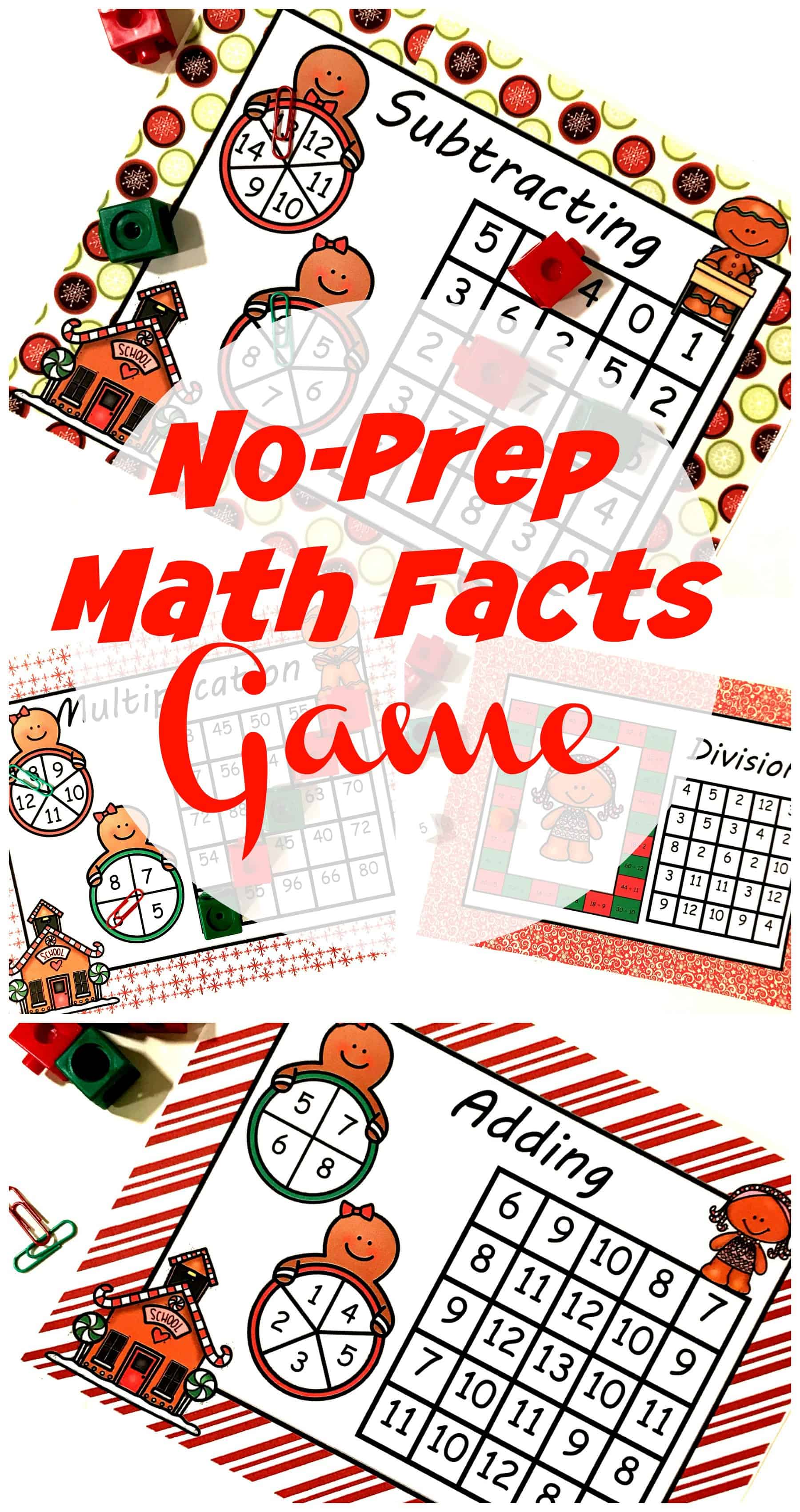 Christmas Math Facts Practice worksheets with game pieces on them.