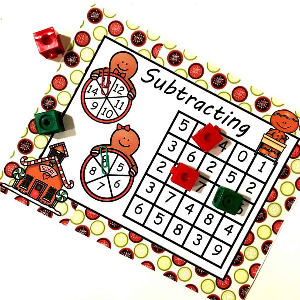 Christmas Math Facts Practice worksheet with game pieces on them.